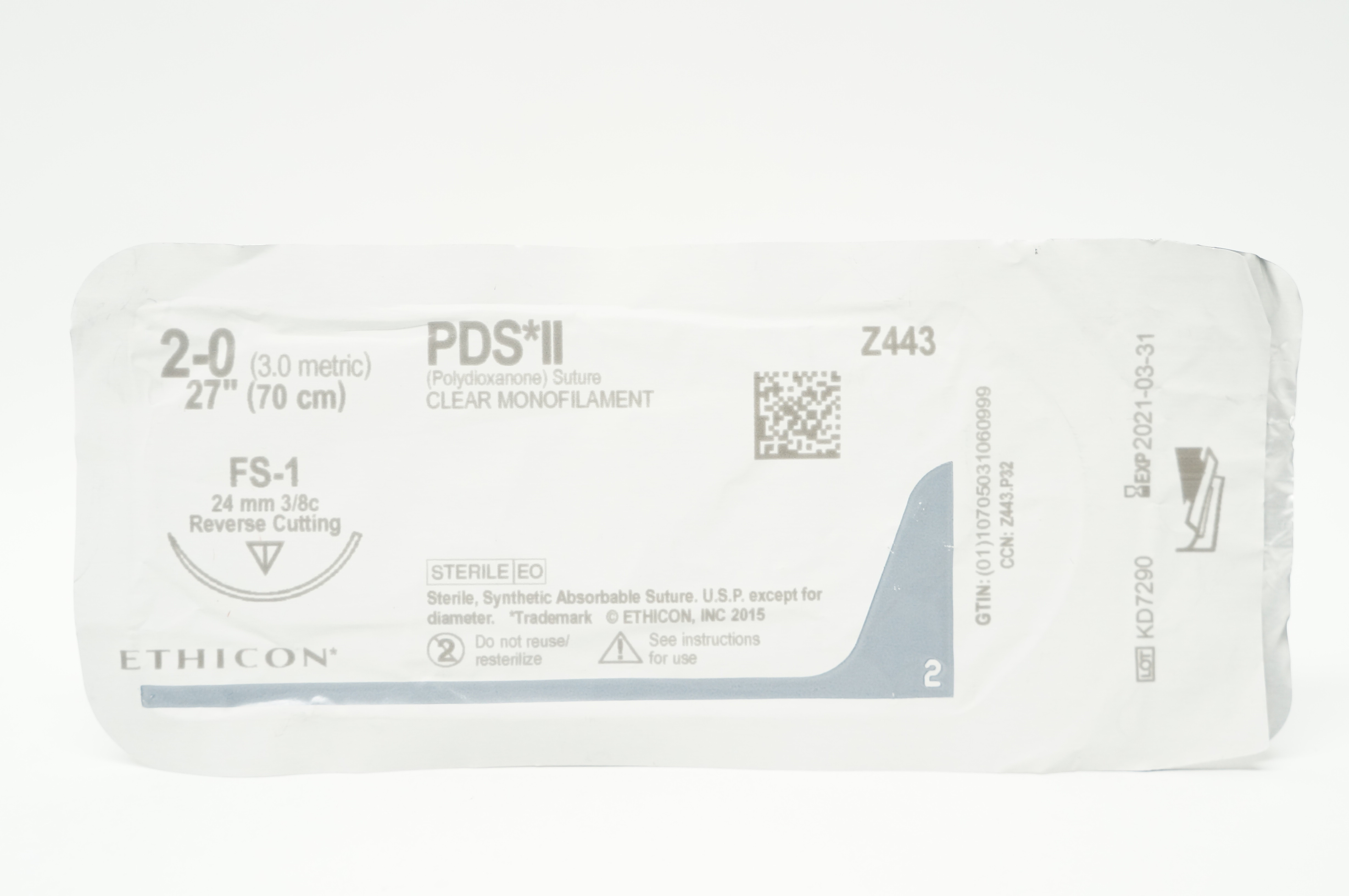 Ethicon Z443 2-0 PDS II, FS-1, 24mm 3/8c Reverse Cutting, 27inch (x)