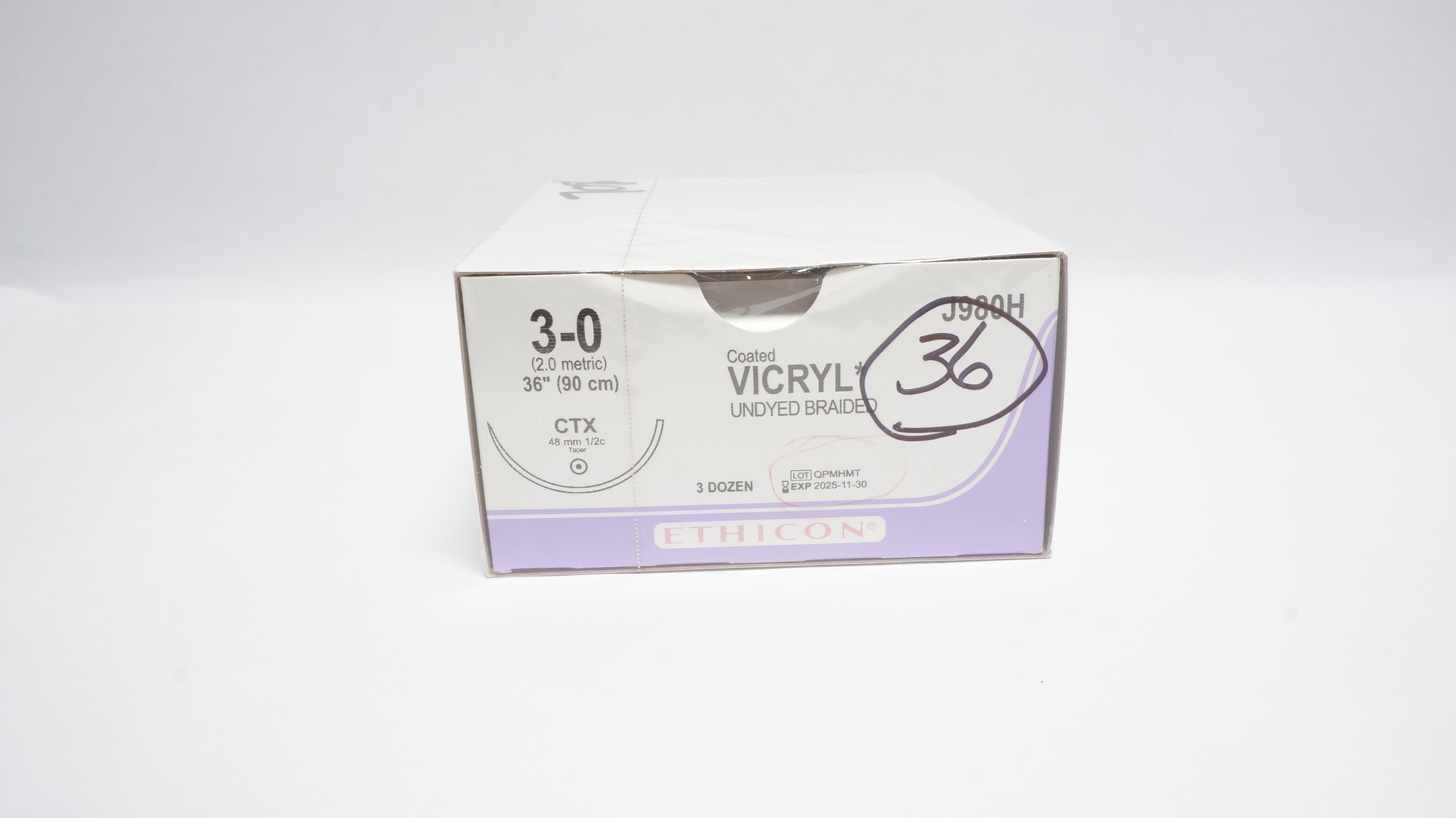 Ethicon J980H 3-0 Coated Vicryl Polyglactin910 CTX 48mm 1/2c - Box of36 (x)