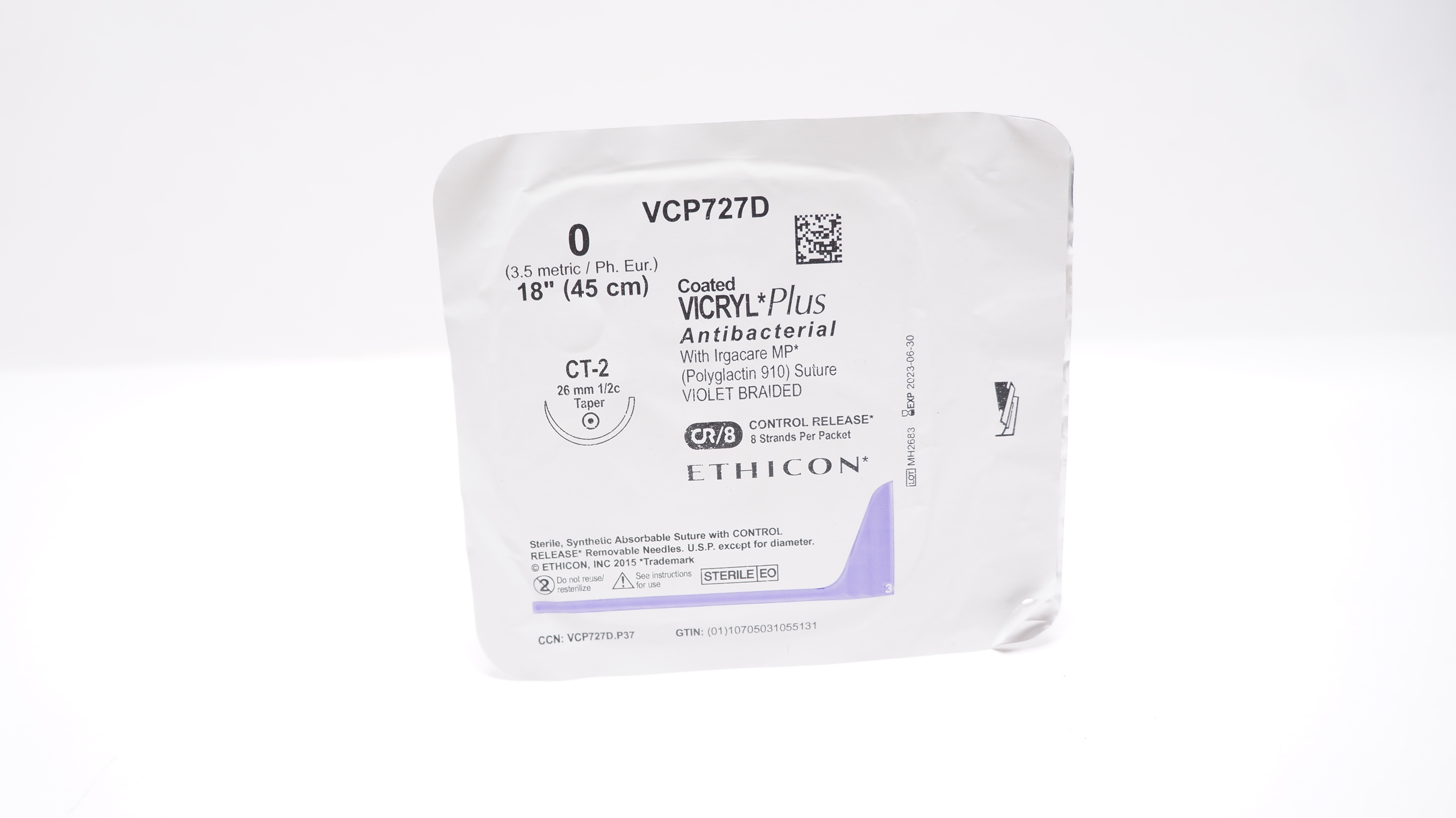 Ethicon VCP727D 0 Coated VICRYL Plus CT-2 26mm 1/2c Taper, 18inch (x)