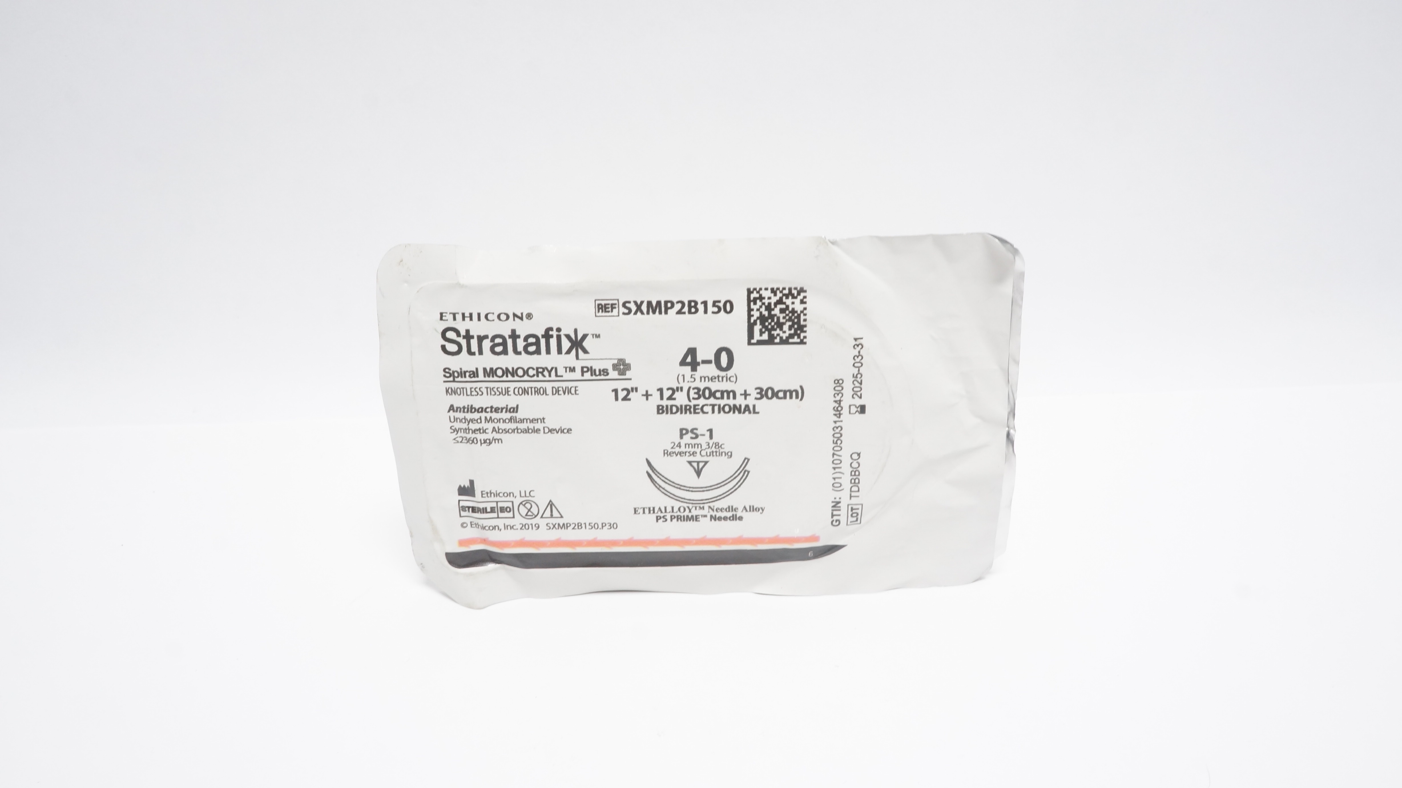 Ethicon SXMP2B150 4-0 Stratafix Spiral Monocryl Plus 12in+12in PS-1 24mm 3/8c(x)