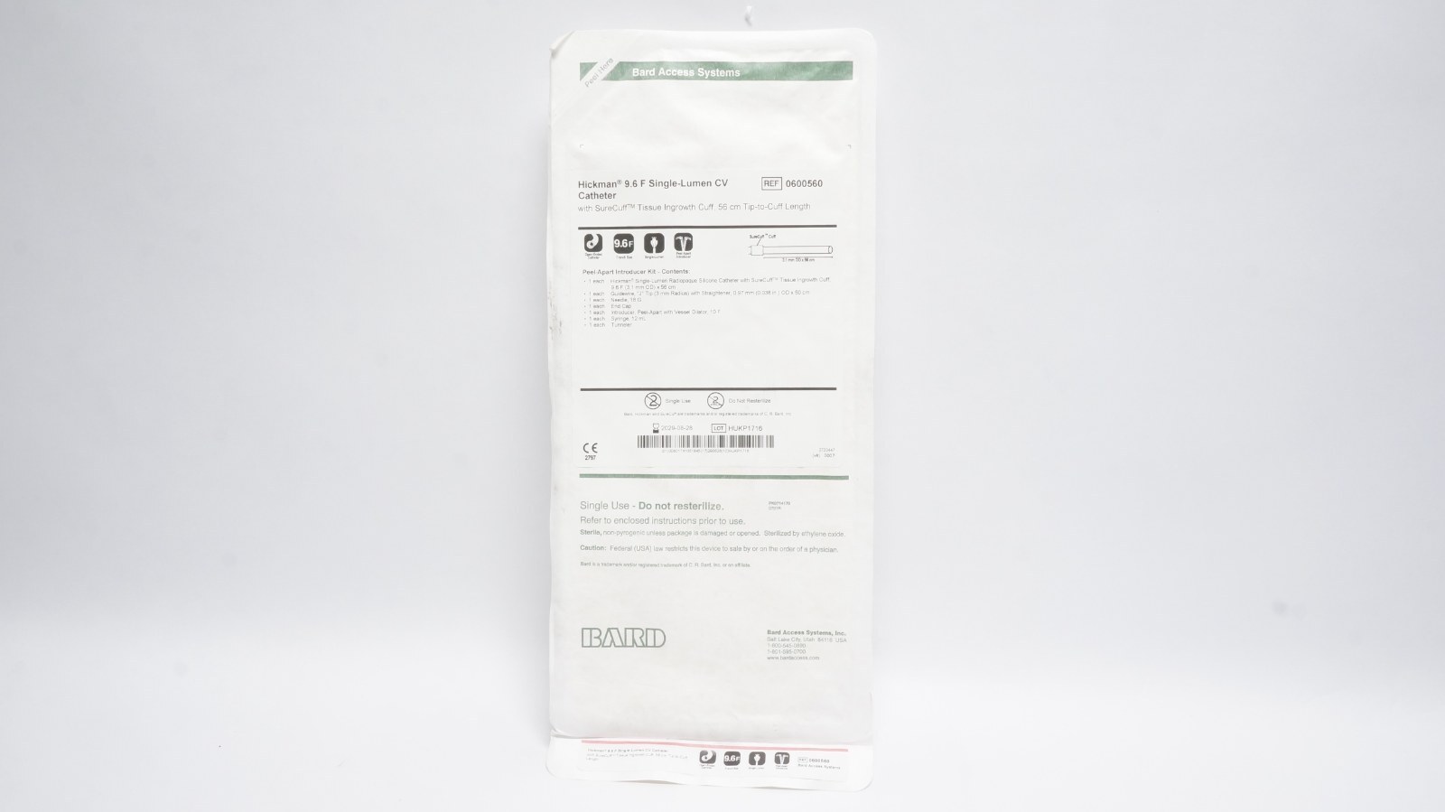 Bard Access 0600560 Hickman 9.6 F Single-Lumen CV Catheter 56 cm