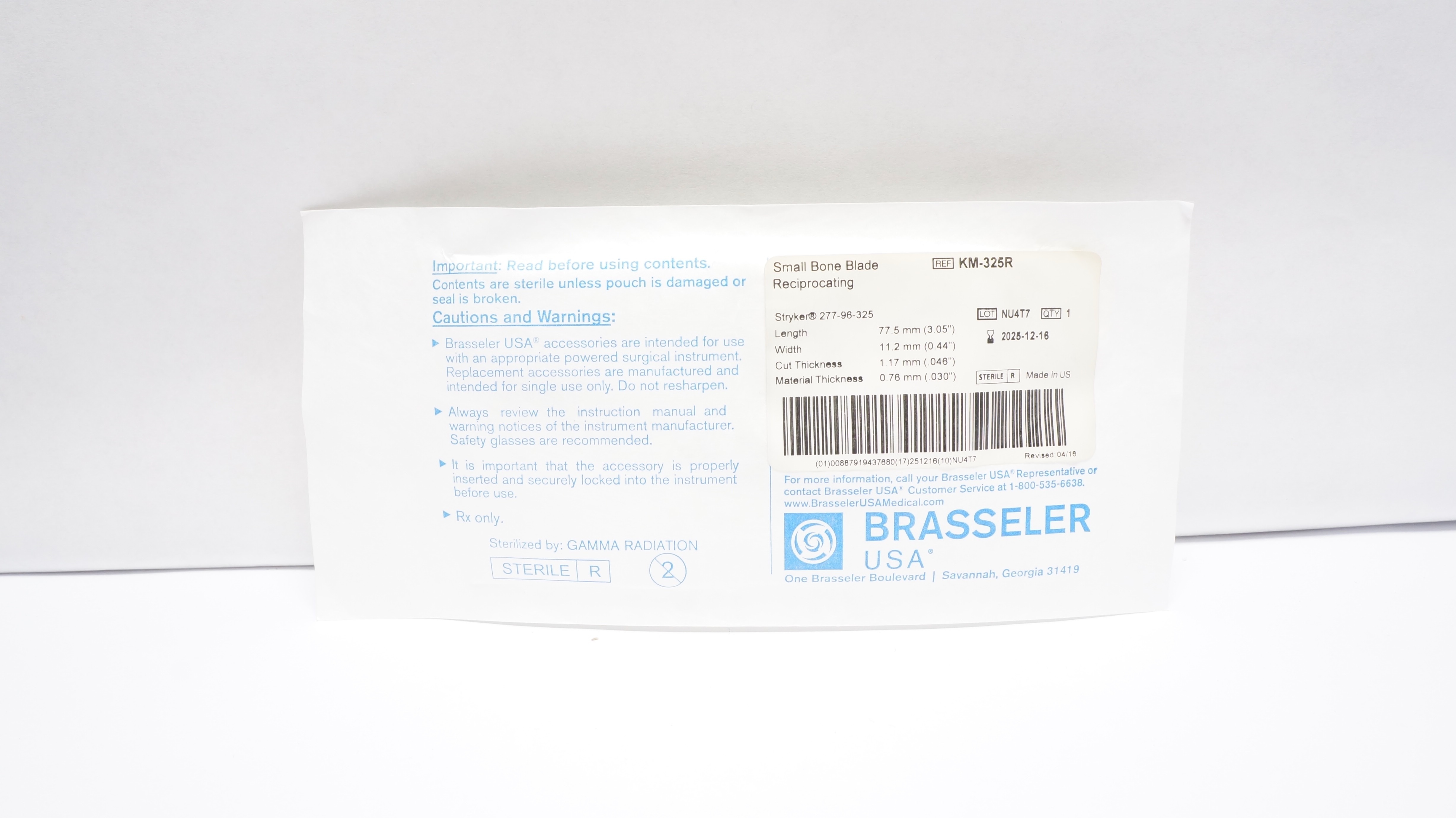 Brasseler KM-325R Small Bone Blade Reciprocating 3.05inch x 0.44inch