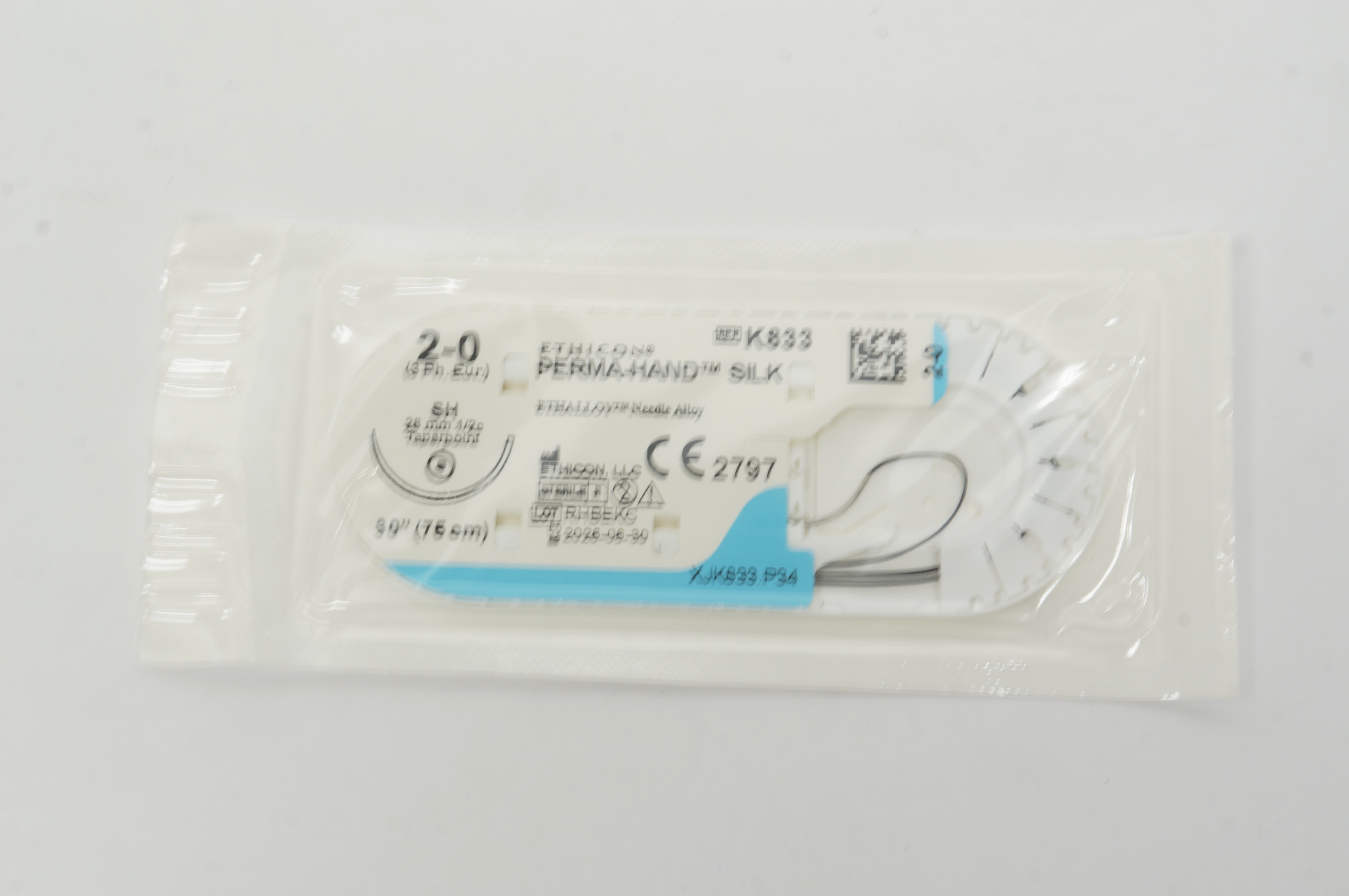 Ethicon K833 2-0 PERMA-HAND SILK, SH, 26mm 1/2c Taper, 30inch