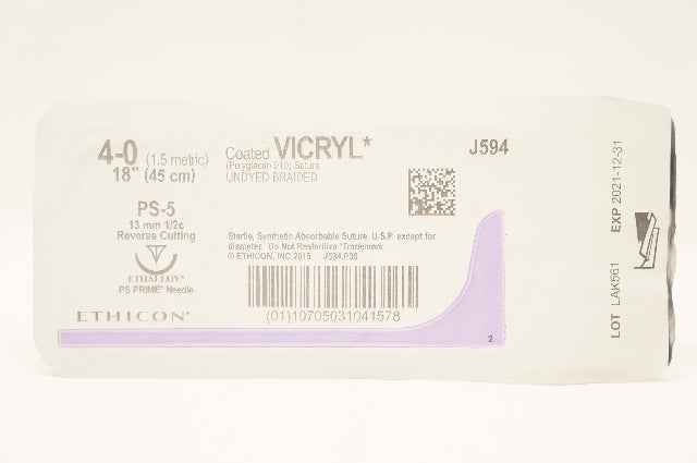Ethicon J594 4-0VICRYL, PS-5, Undyed Braided Reverse Cutting 13mm 1/2c, 18in (x)