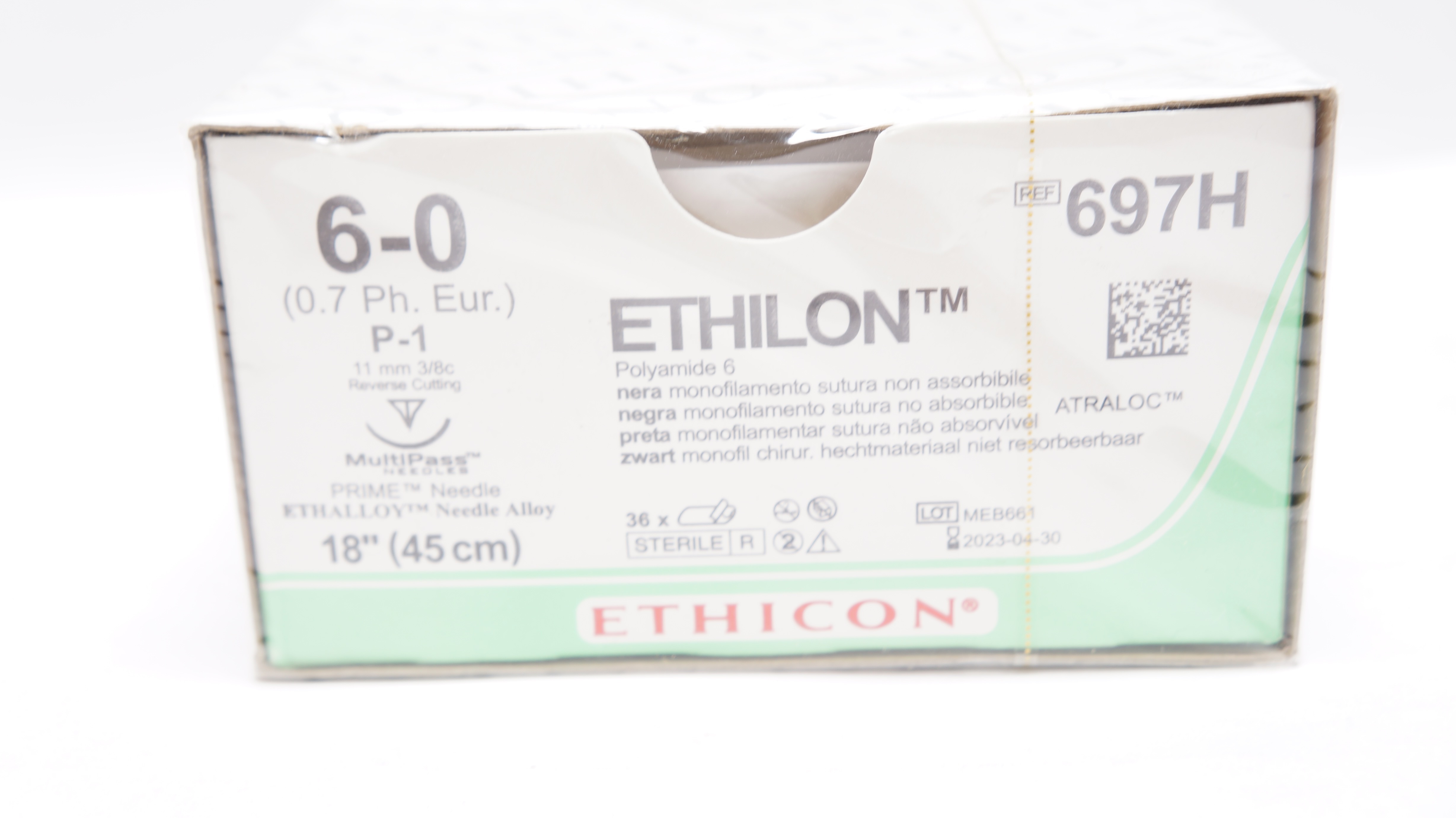 Ethicon 697H 6-0 Ethilon Stre P-1 11mm 3/8c ReverseCutting 18inch(x) - Box of 36