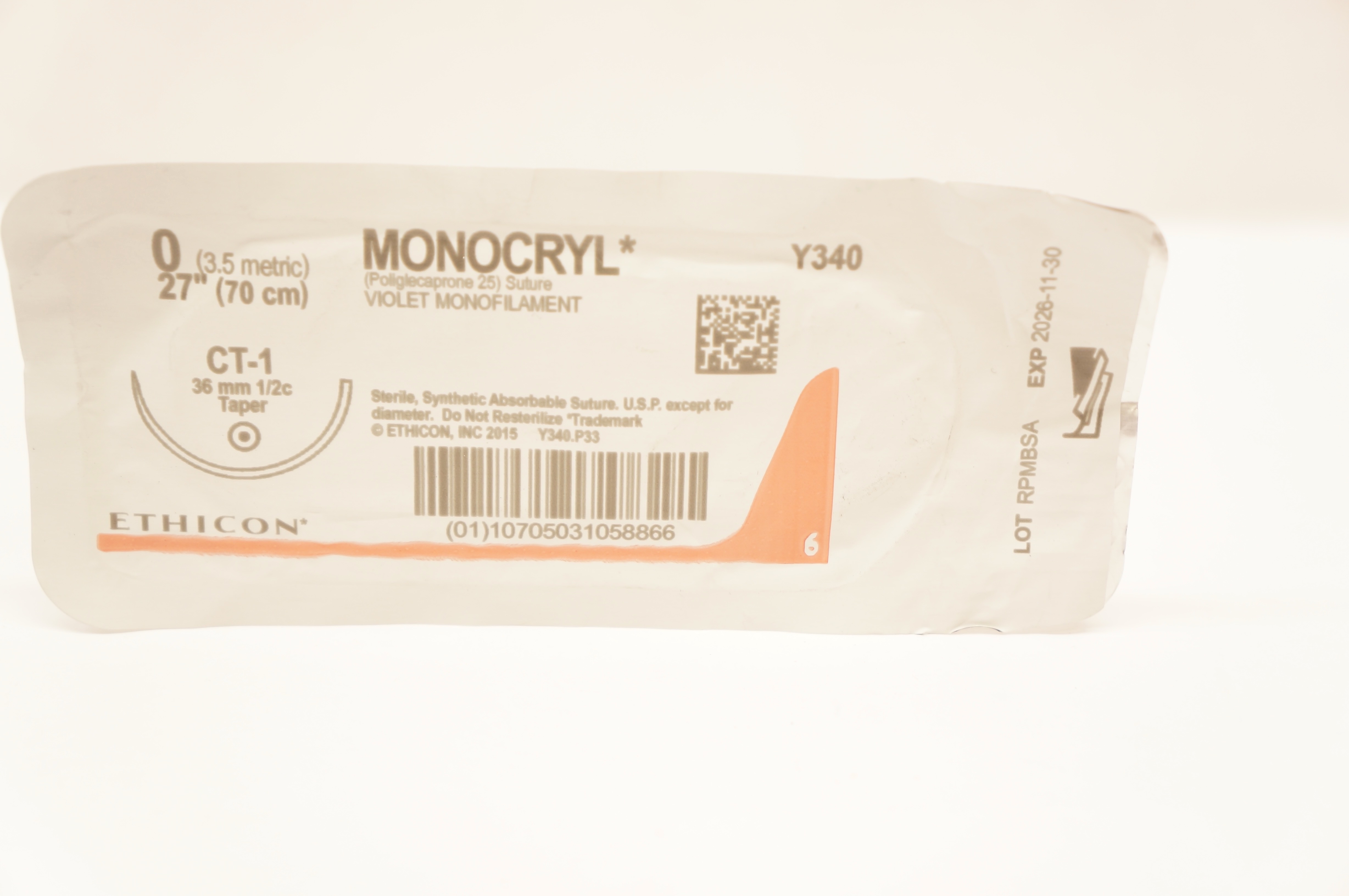 Ethicon Y340 0 MONOCRYL Violet Monofilament Stre CT-1 36mm 1/2c Taper, 27inch