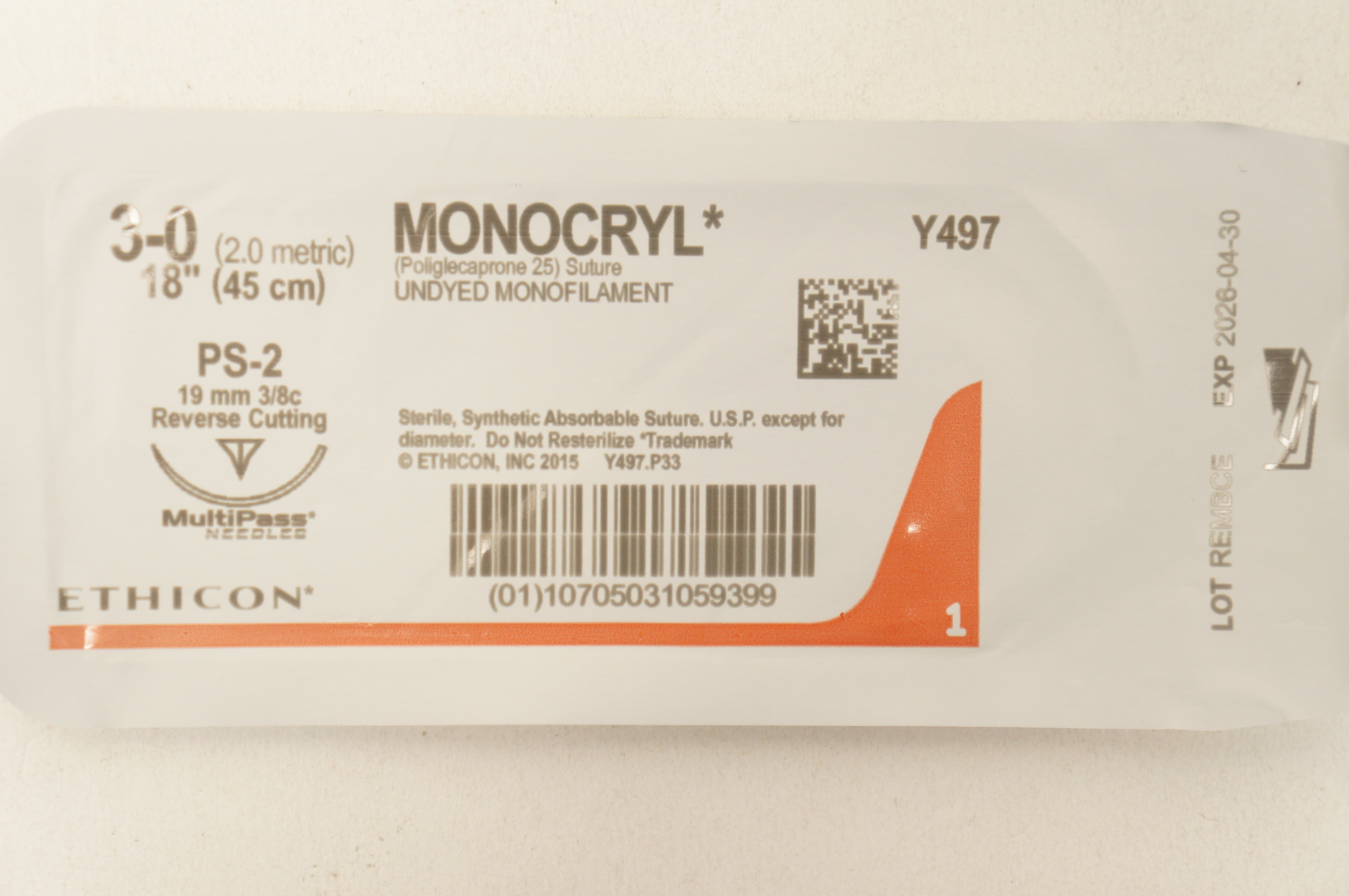 Ethicon Y497 3-0 MONOCRYL Stre PS-2 19mm 3/8c Reverse Cutting 18inch