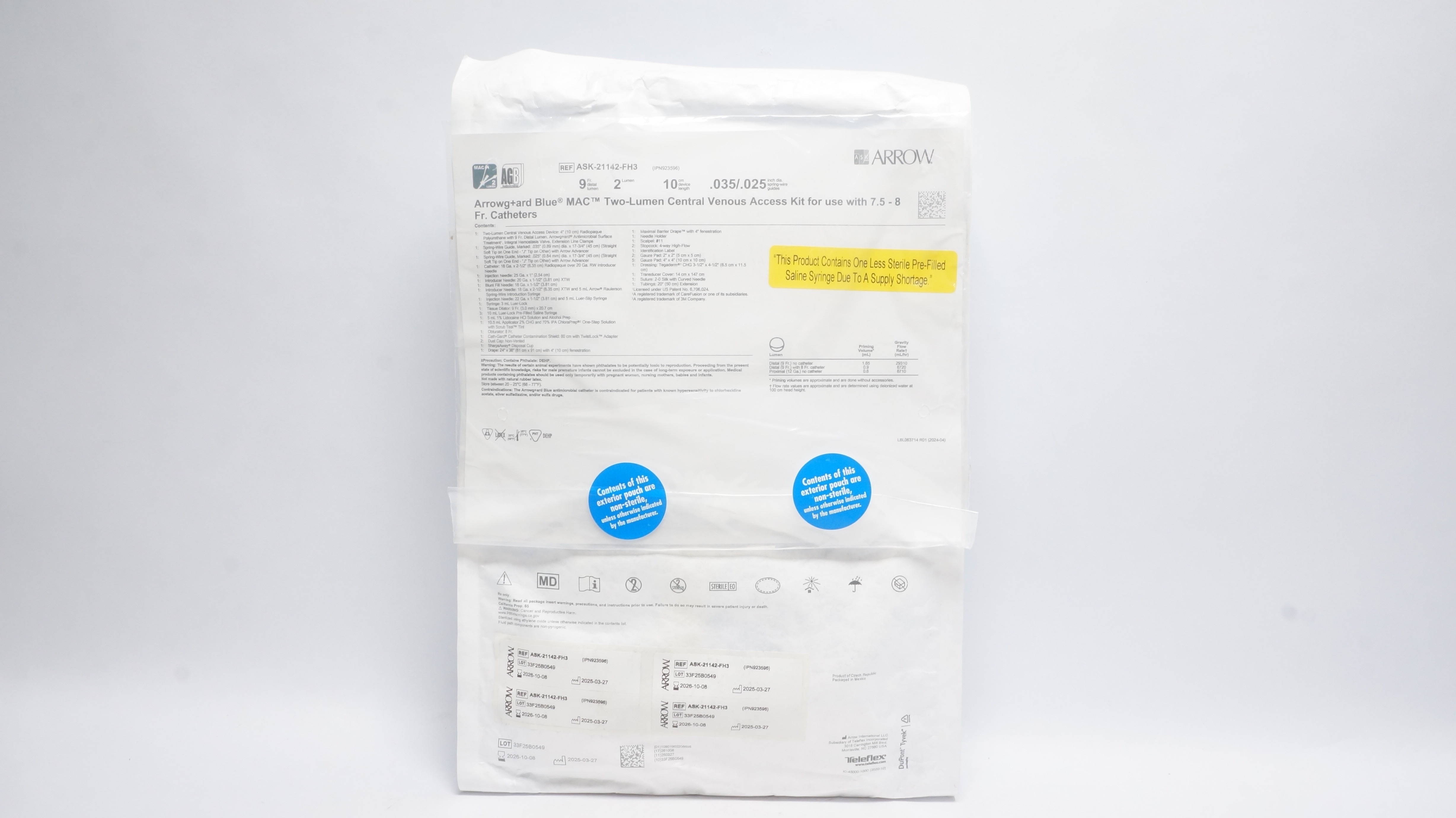 Arrow ASK-21142-FH3 Blue Mac Central Venous Access Kit 9Fr x 2Lumen x 10cm