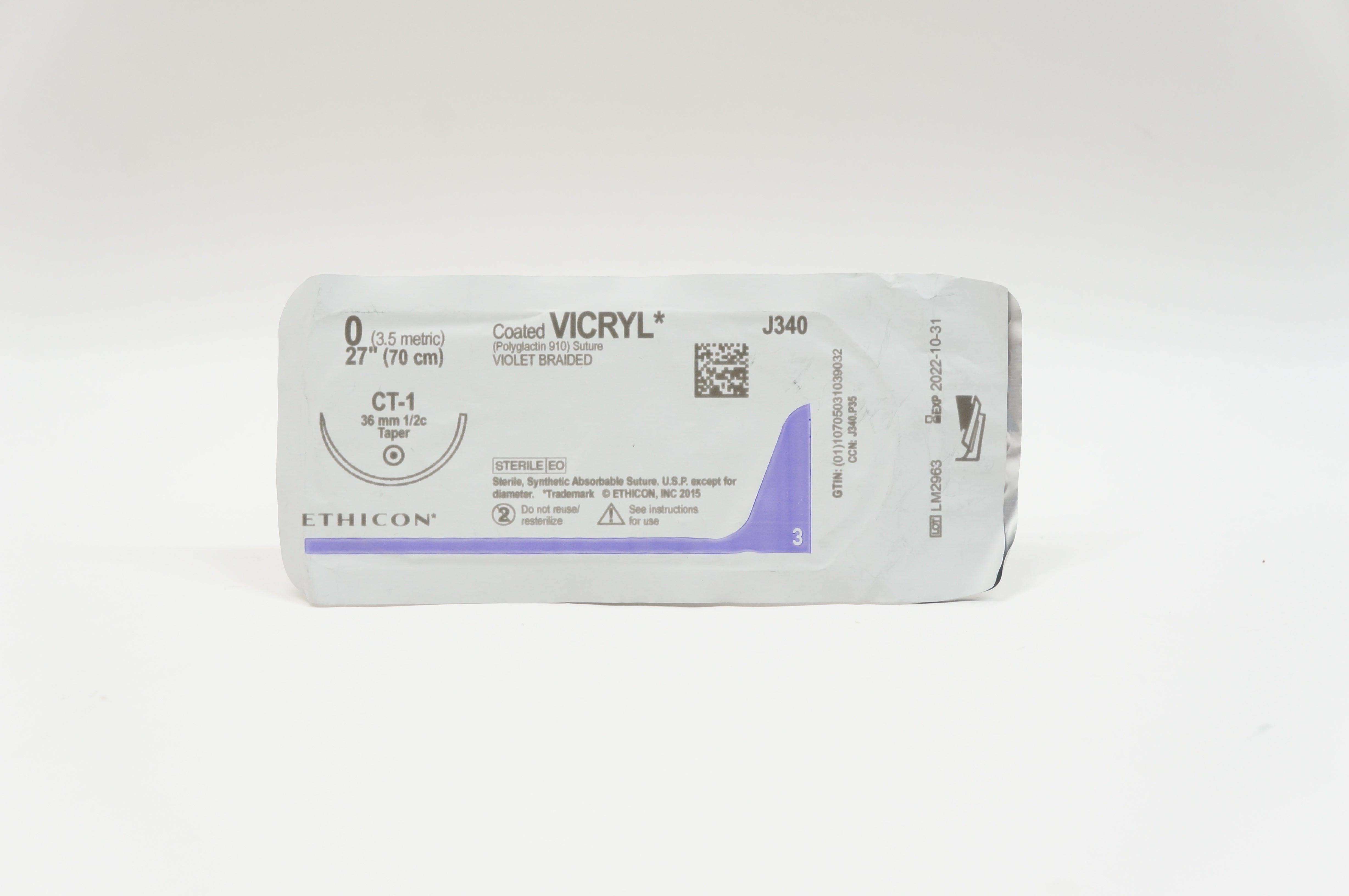 Ethicon J340 0 VICRYL, CT-1, 36mm 1/2c Taper, 27inch