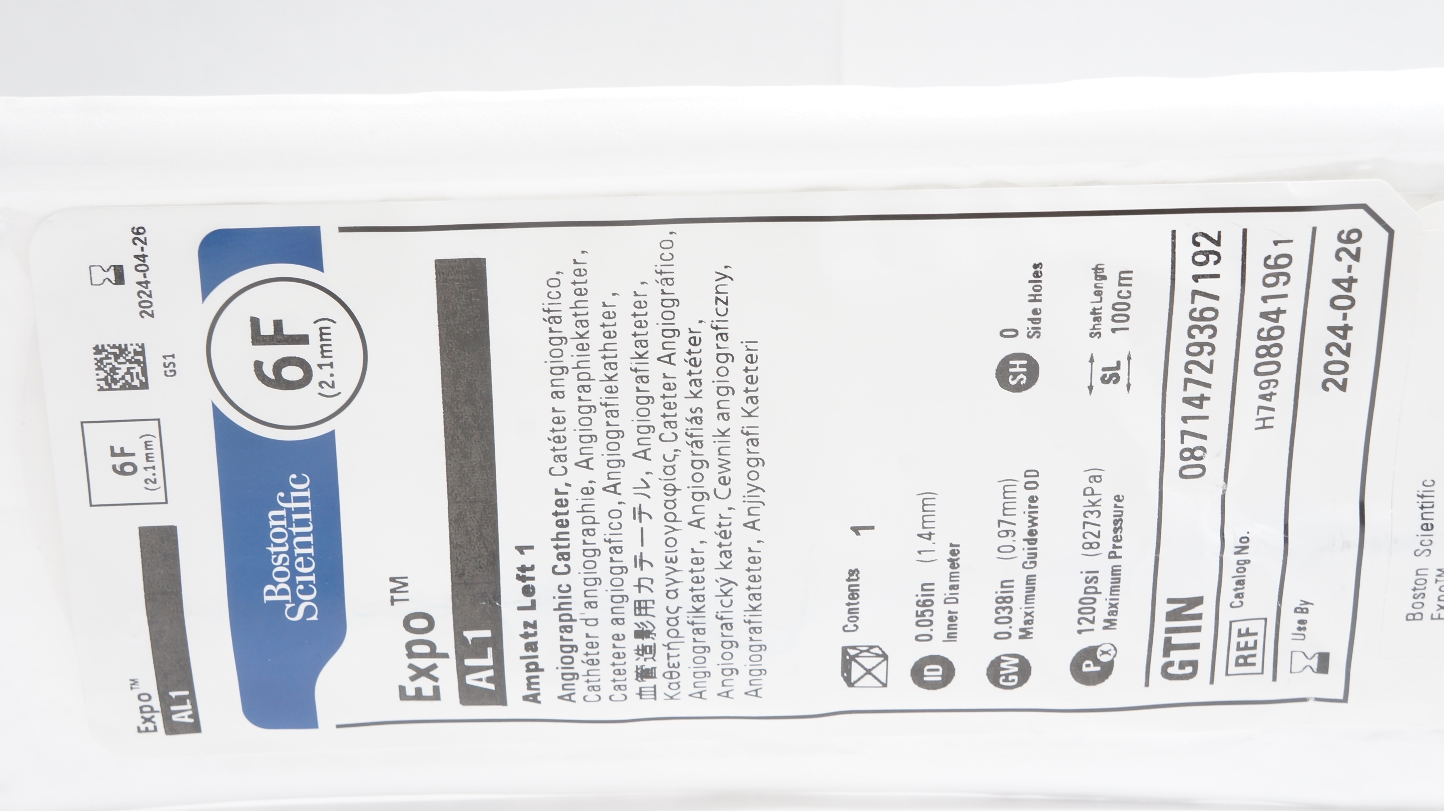 Boston Scientific H74908641961 Expo Amplatz Left 1 Angiographic Cath. 6F (x)