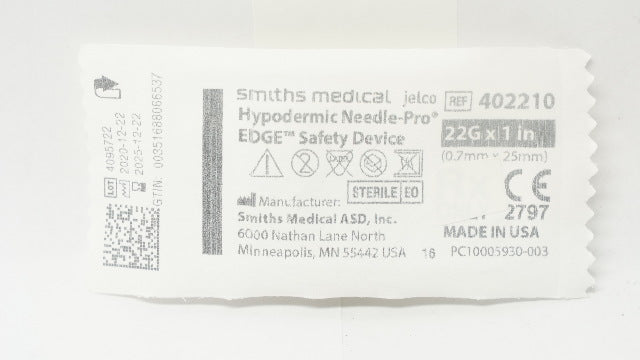 Smiths Medical 402210 Jelco Hypodermic Ndle-Pro EDGE Safety Device 22G x 1 in.