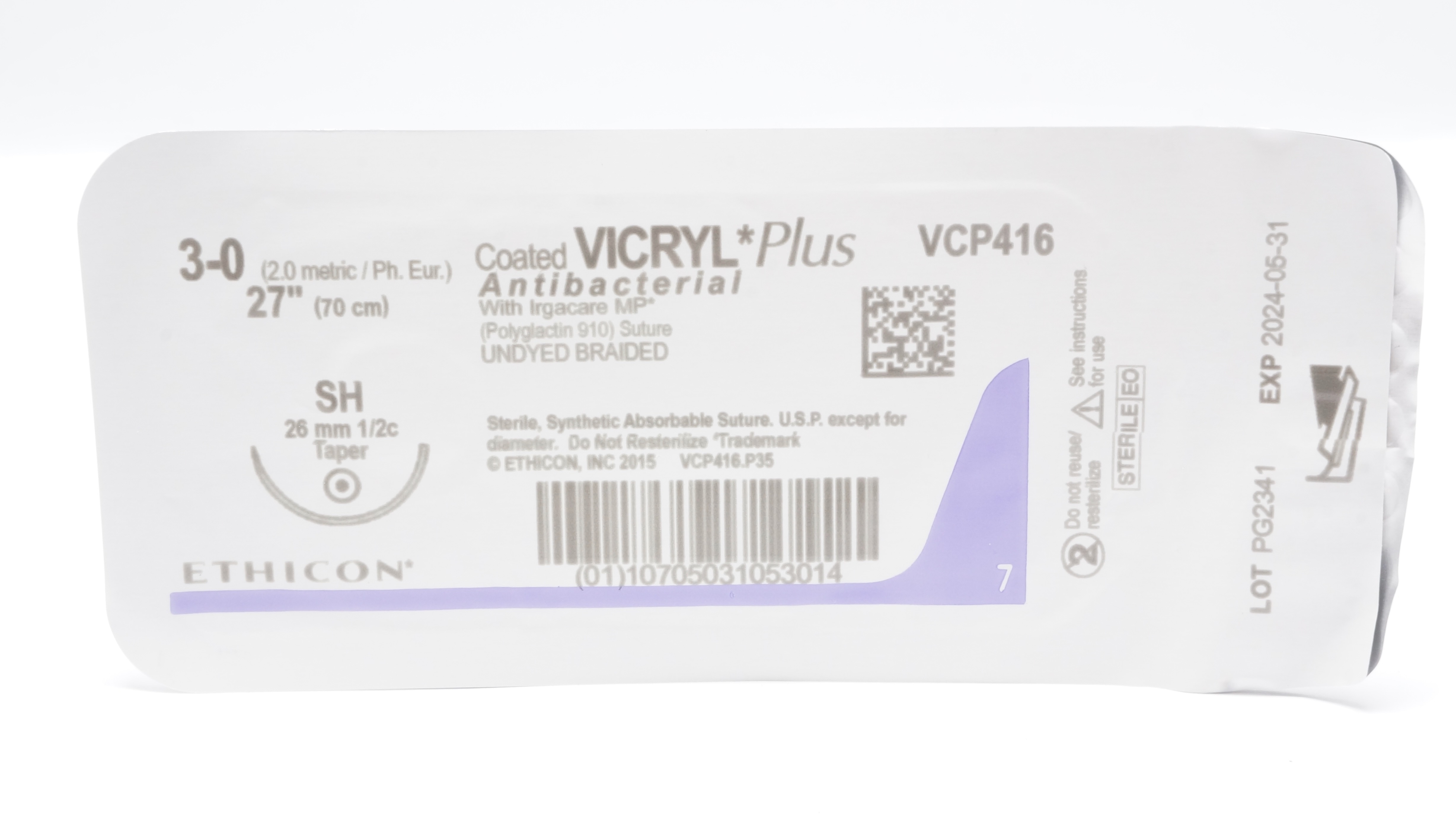 Ethicon VCP416 3-0 Vicryl Plus Polyglactin Stre SH 26mm 1/2c Taper 27inch (x)