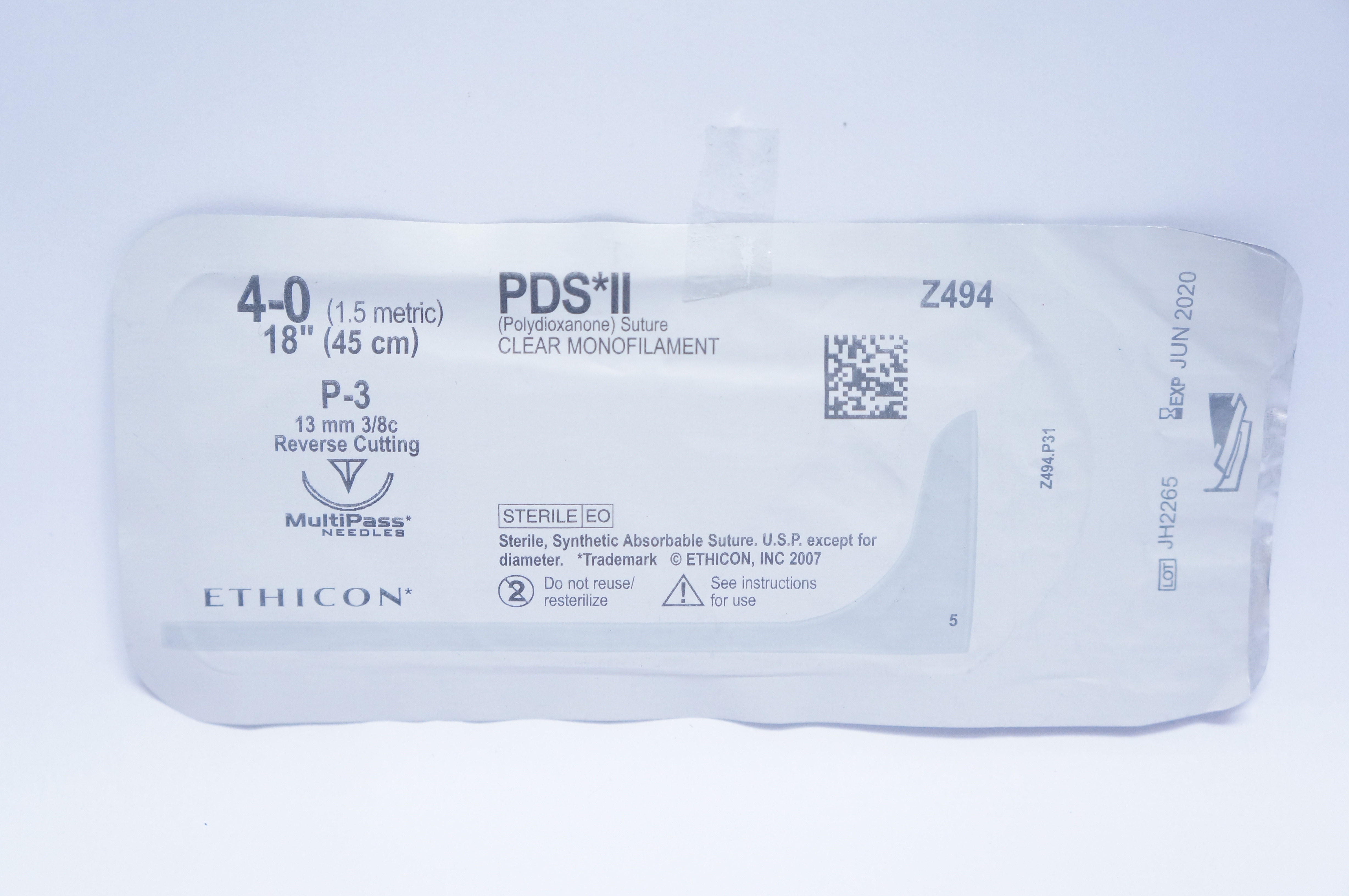 Ethicon Z494 4-0 PDS II, P-3, 13mm 3/8c Reverse Cutting, 18inch (x)