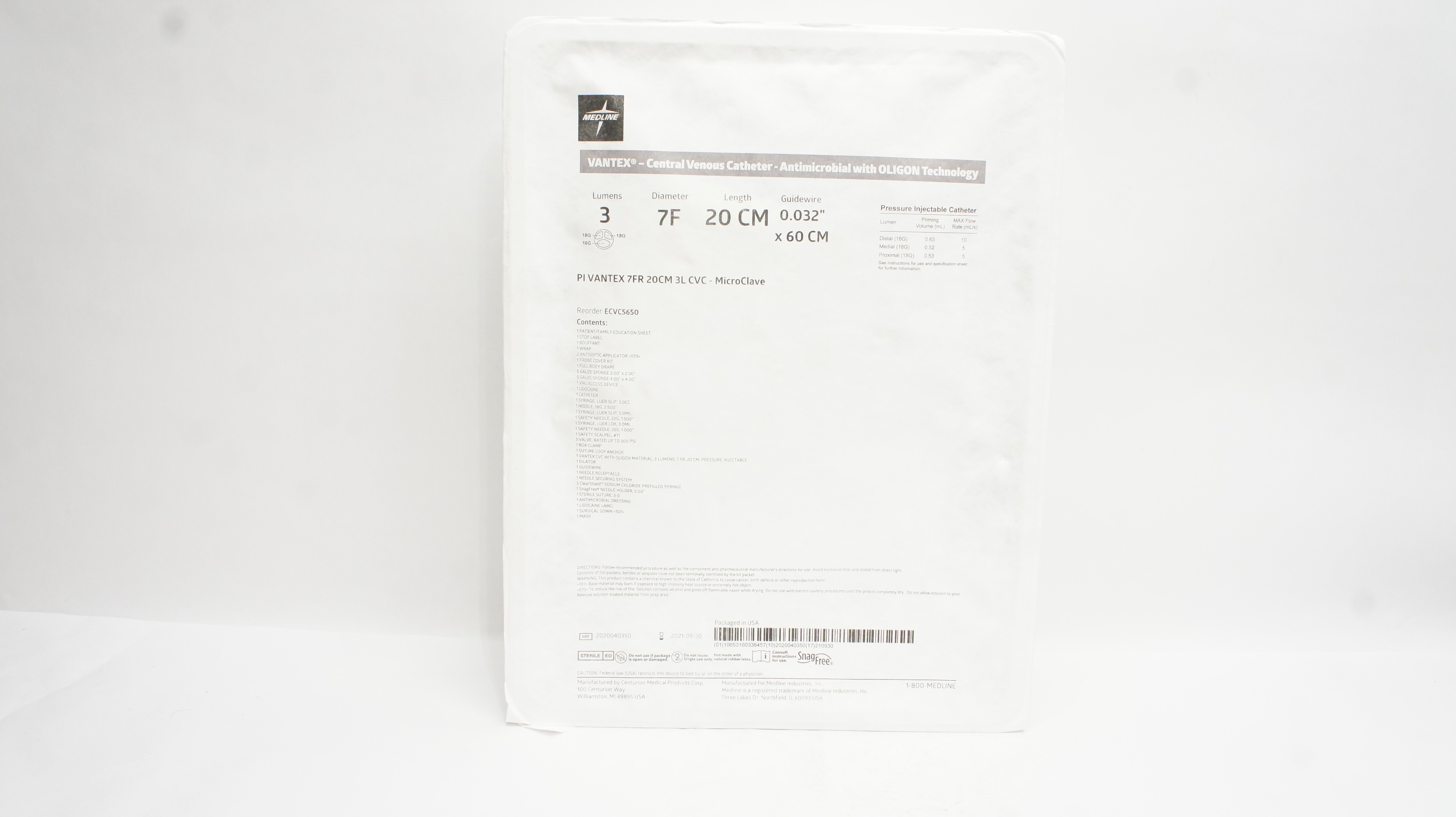 Medline ECVC5650 Vantex Central Venous Cath. 7F x 20cm x 0.032inch x 60cm (x)