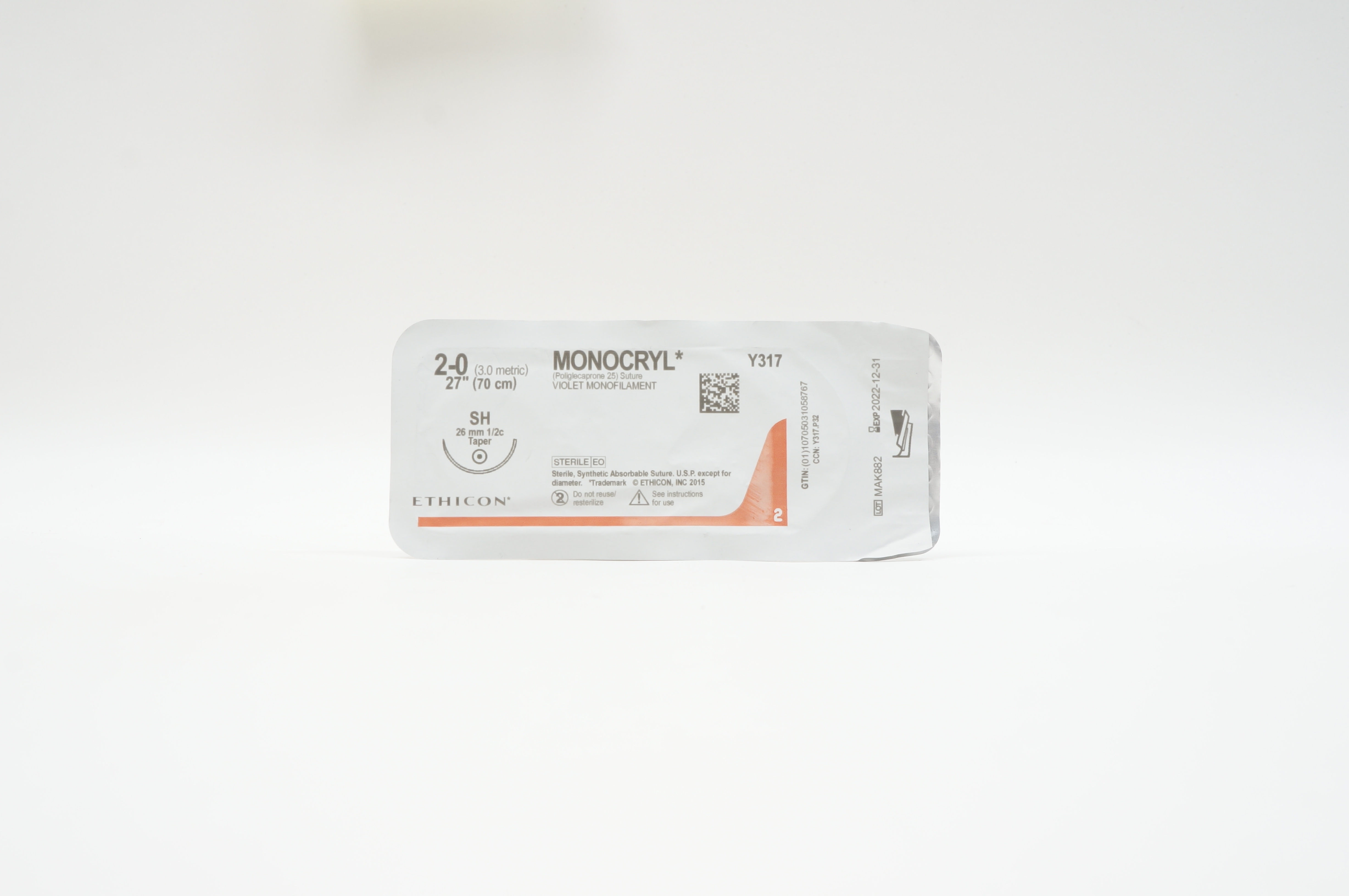 Ethicon Y317 2-0 MONOCRYL, SH, 26mm 1/2c Taper, 27inch