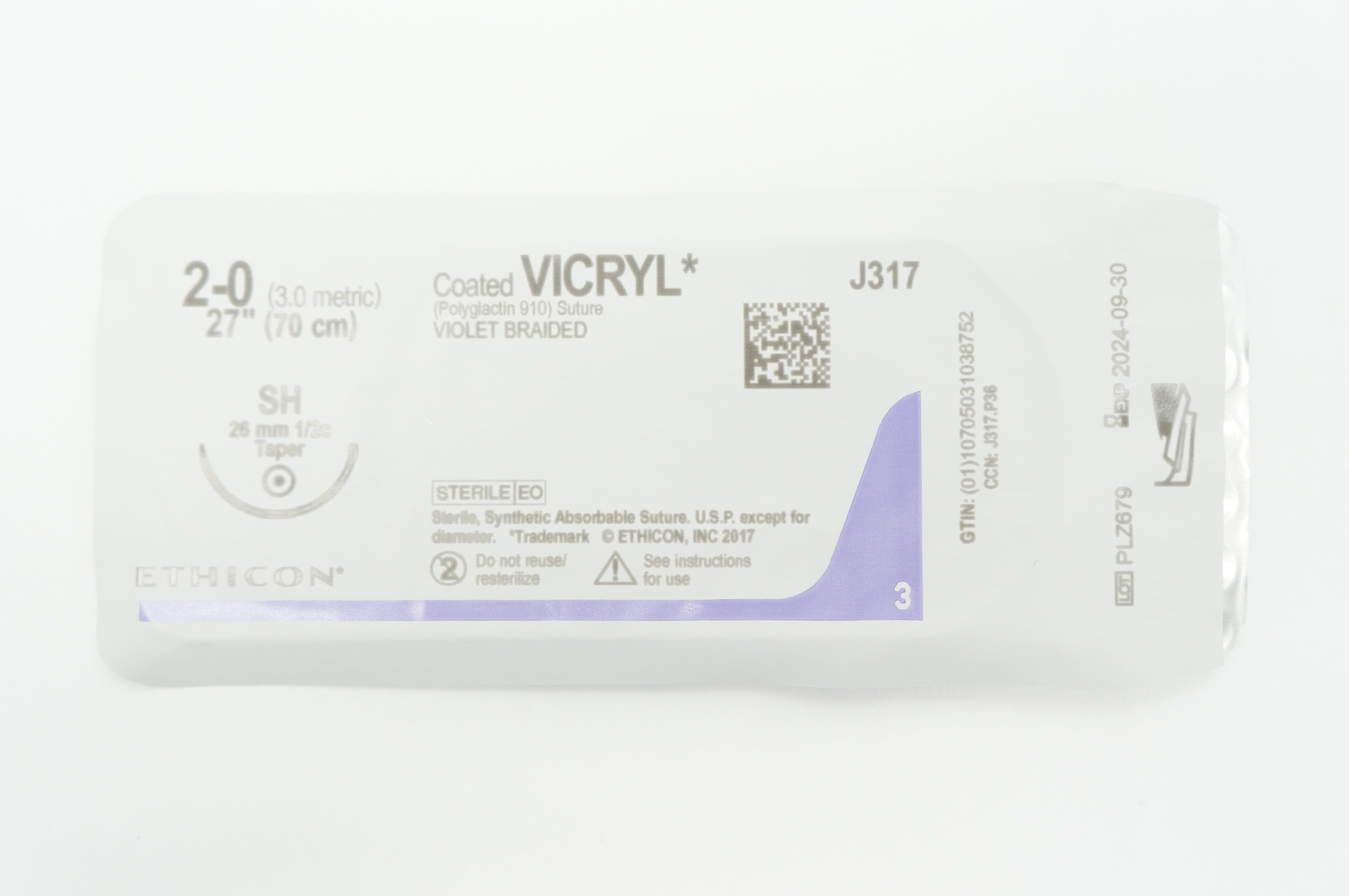 Ethicon J317 2-0 VICRYL SH 26mm 1/2c Taper 27inch