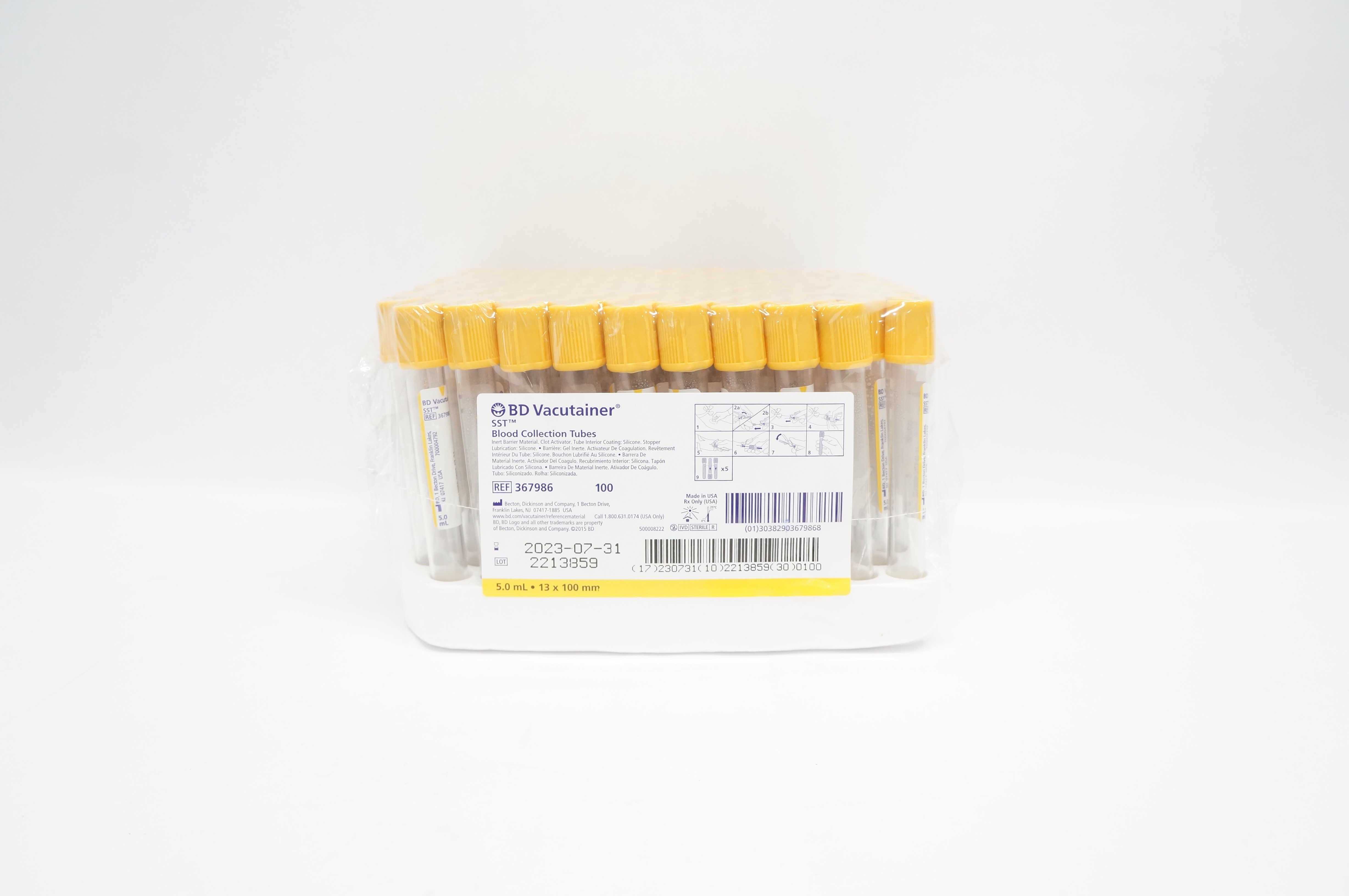 BD 367986 Vacutainer Blood Collection Tubes 5.0mL 13 x 100mm - Box of 100