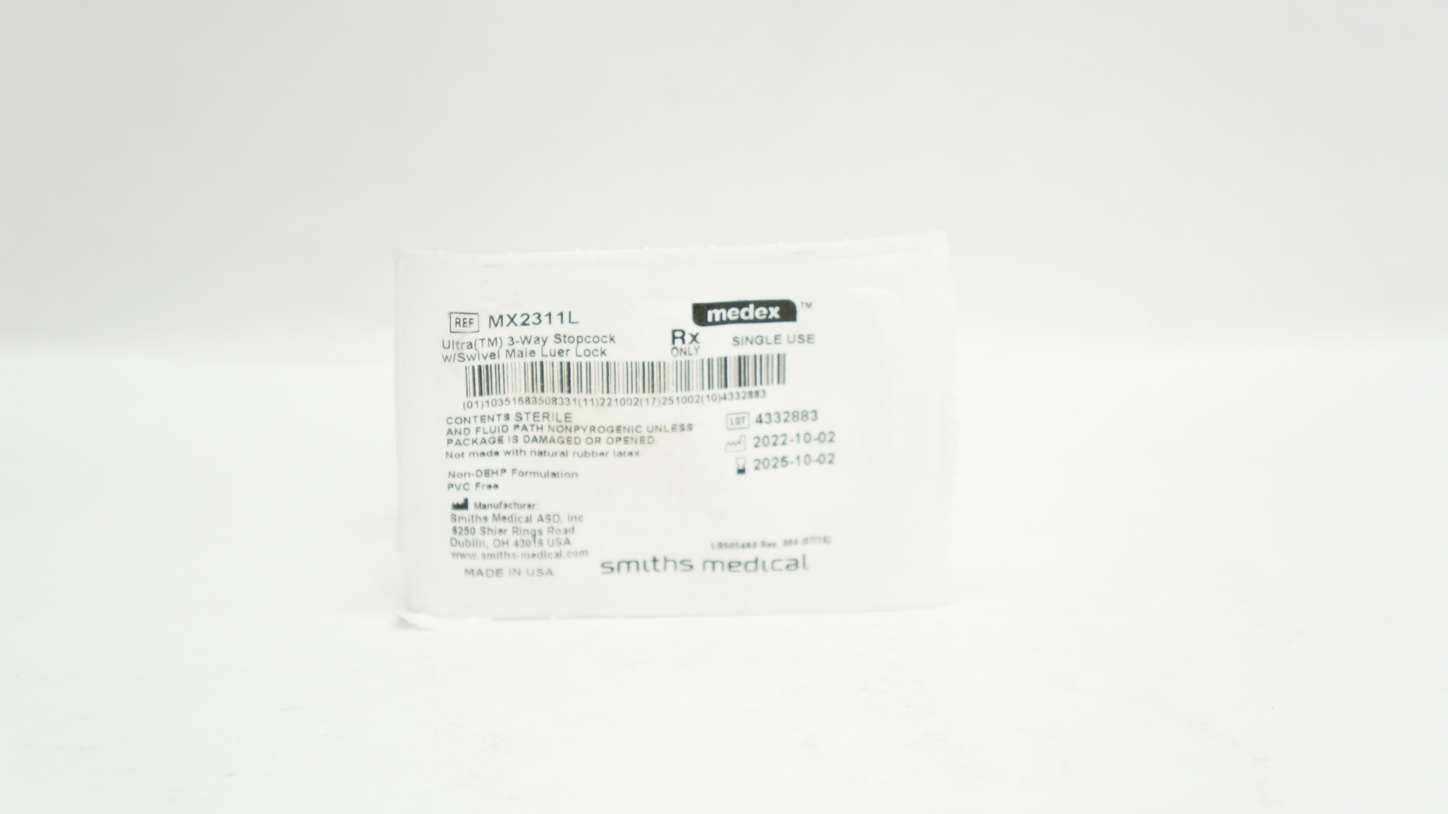 Smiths Medical MX2311L Medex Ultra(TM) 3-Way Stopcock w/Swivel Male Luer Lock