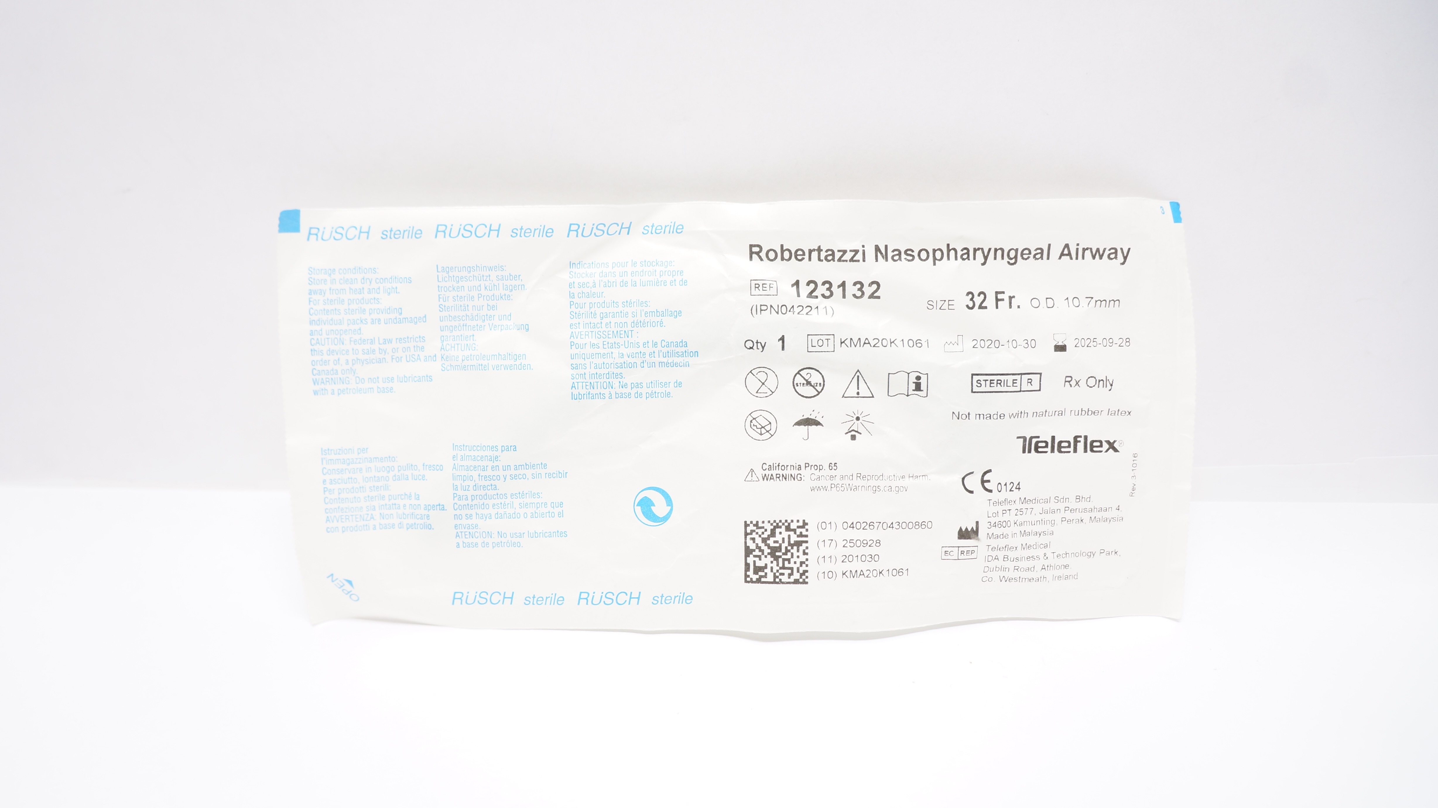 Teleflex 123132 Rusch Robertazzi Nasopharyngeal Airway 32Fr x 10.7mm O.D.