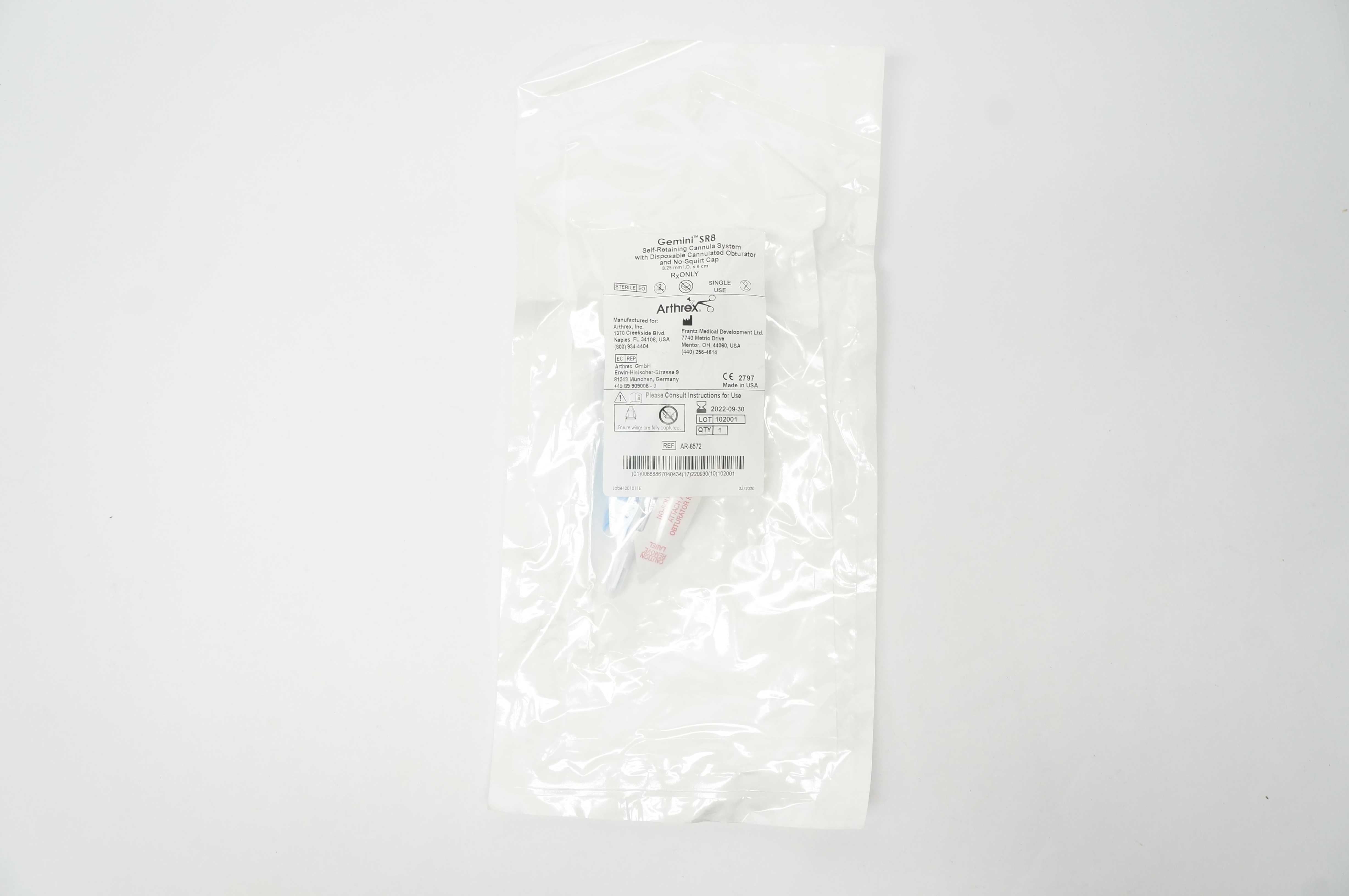 Arthrex AR-6572 Gemini SR8 Self-Retaining Cannula System 8.25mm x 9cm