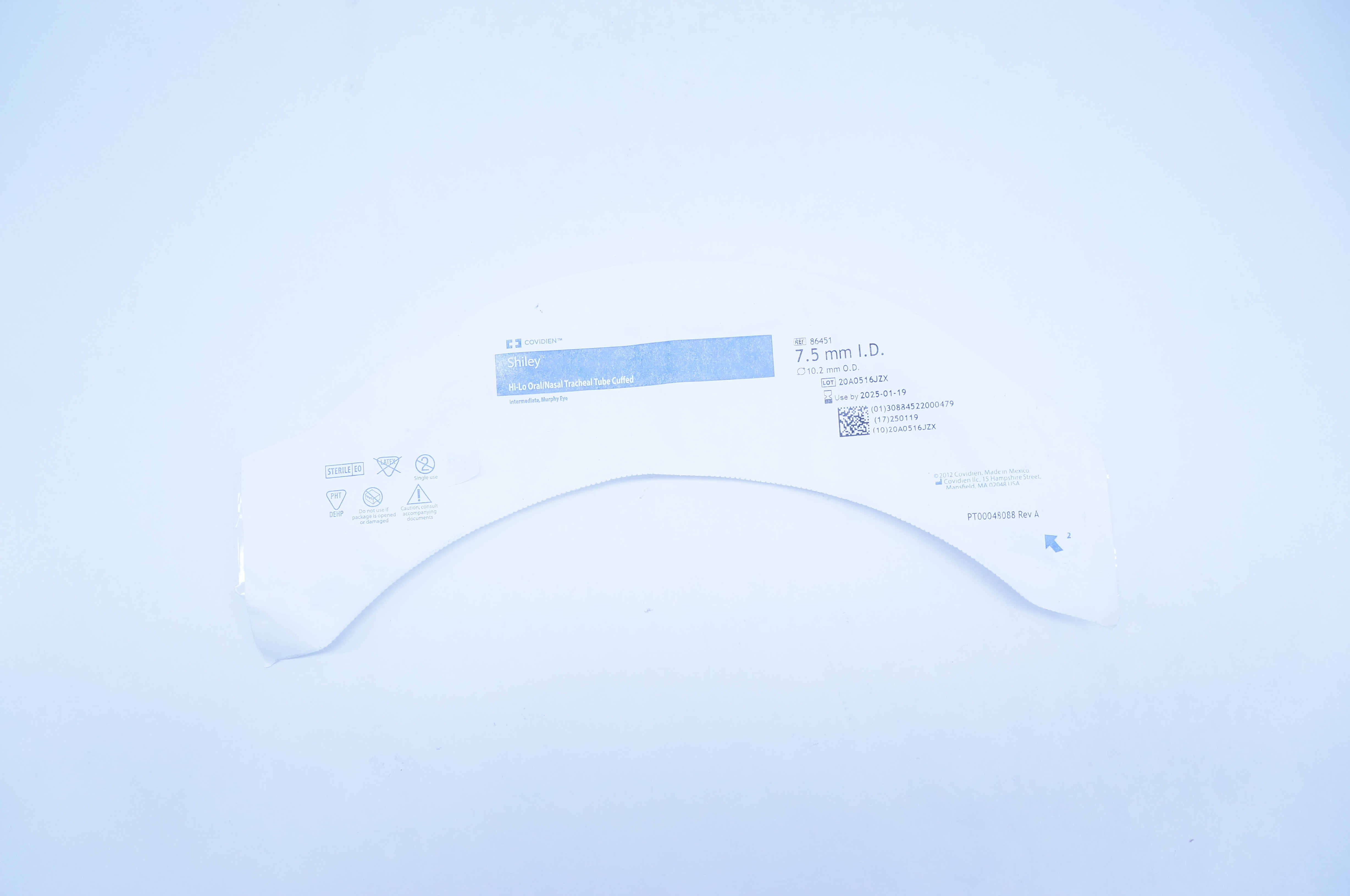 Covidien 86451 Shiley Hi-Lo Oral/Nasal Tracheal Tube Cuffed 7.5mm x 10.2mm