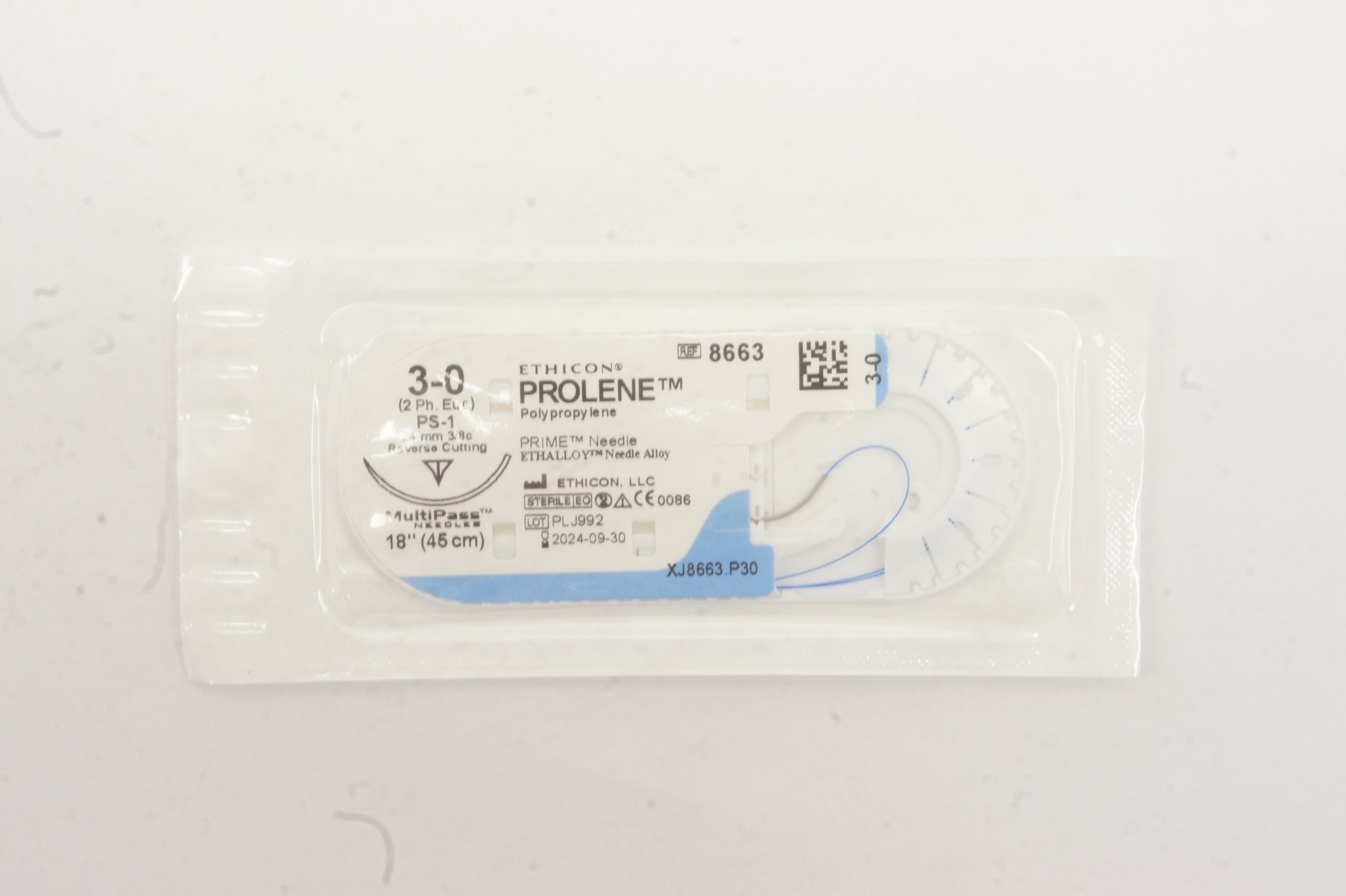Ethicon 8663 3-0 Prolene Stre PS-1 24mm 3/8c Reverse Cutting 18 inch