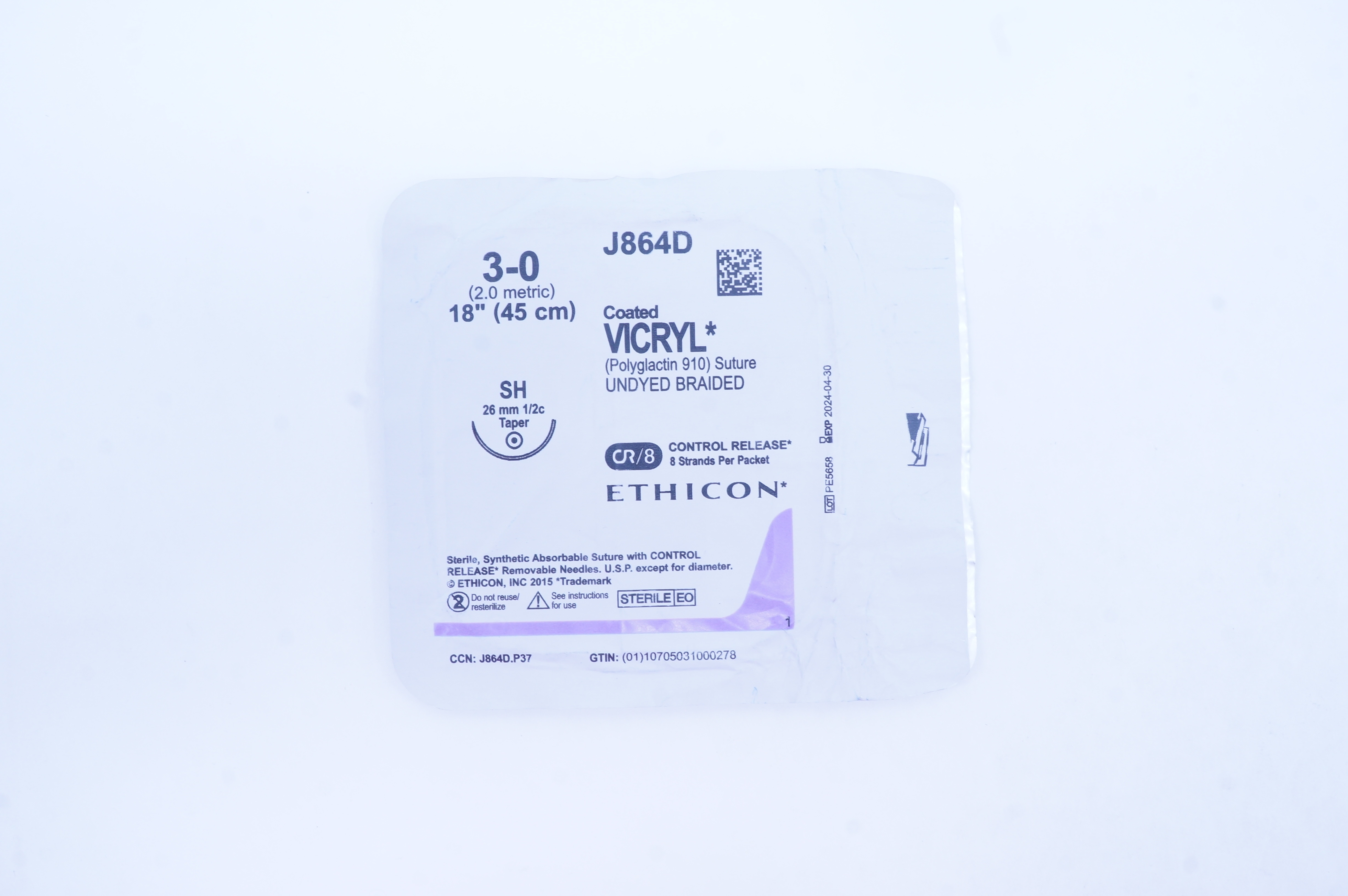 Ethicon J864D 3-0 Coated VICRYL SH 26mm 1/2c Taper, 18inch