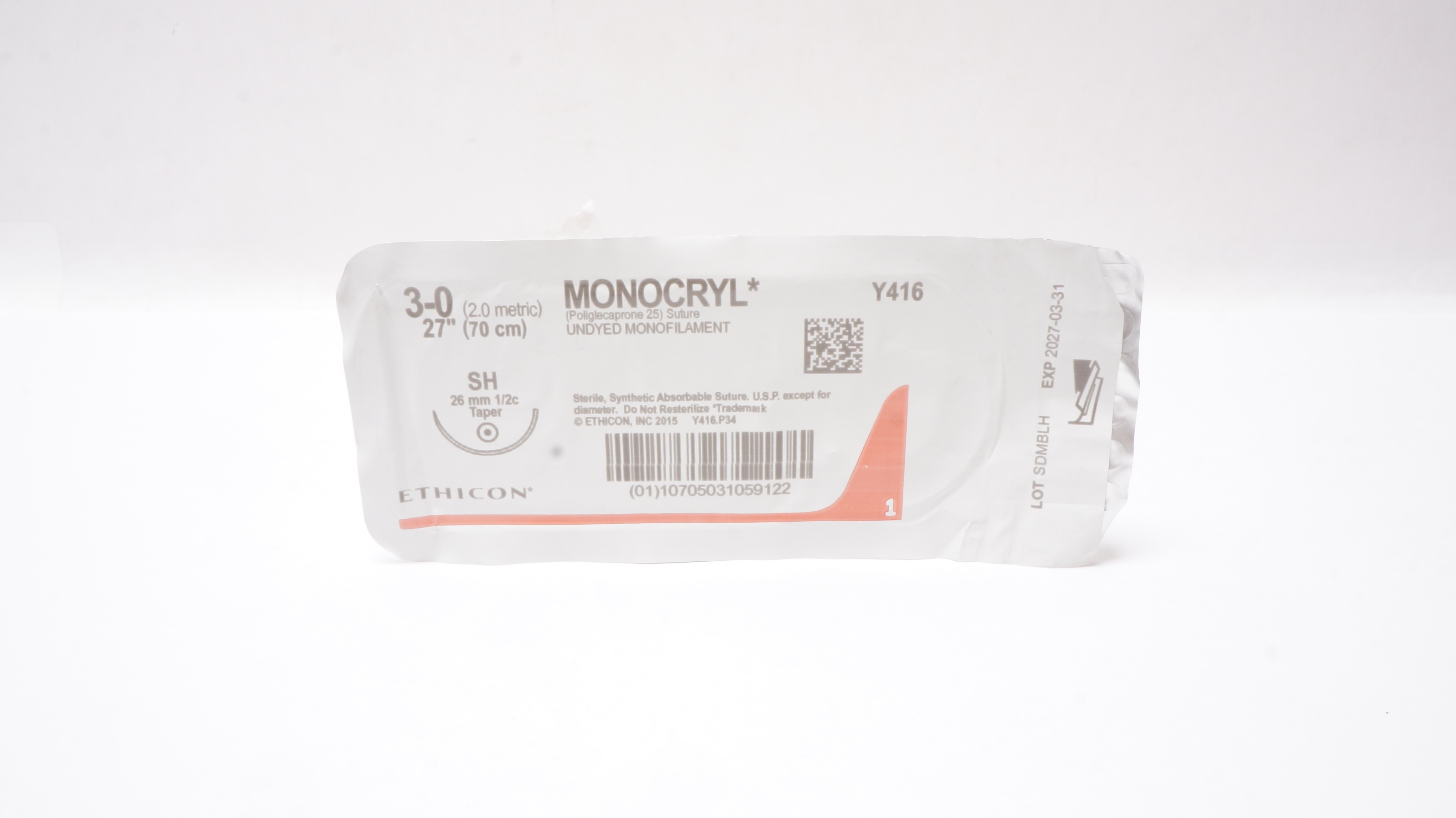 Ethicon Y416 3-0 Monocryl Stre Undyed Monofilament SH 26mm 1/2c Taper, 27 inch
