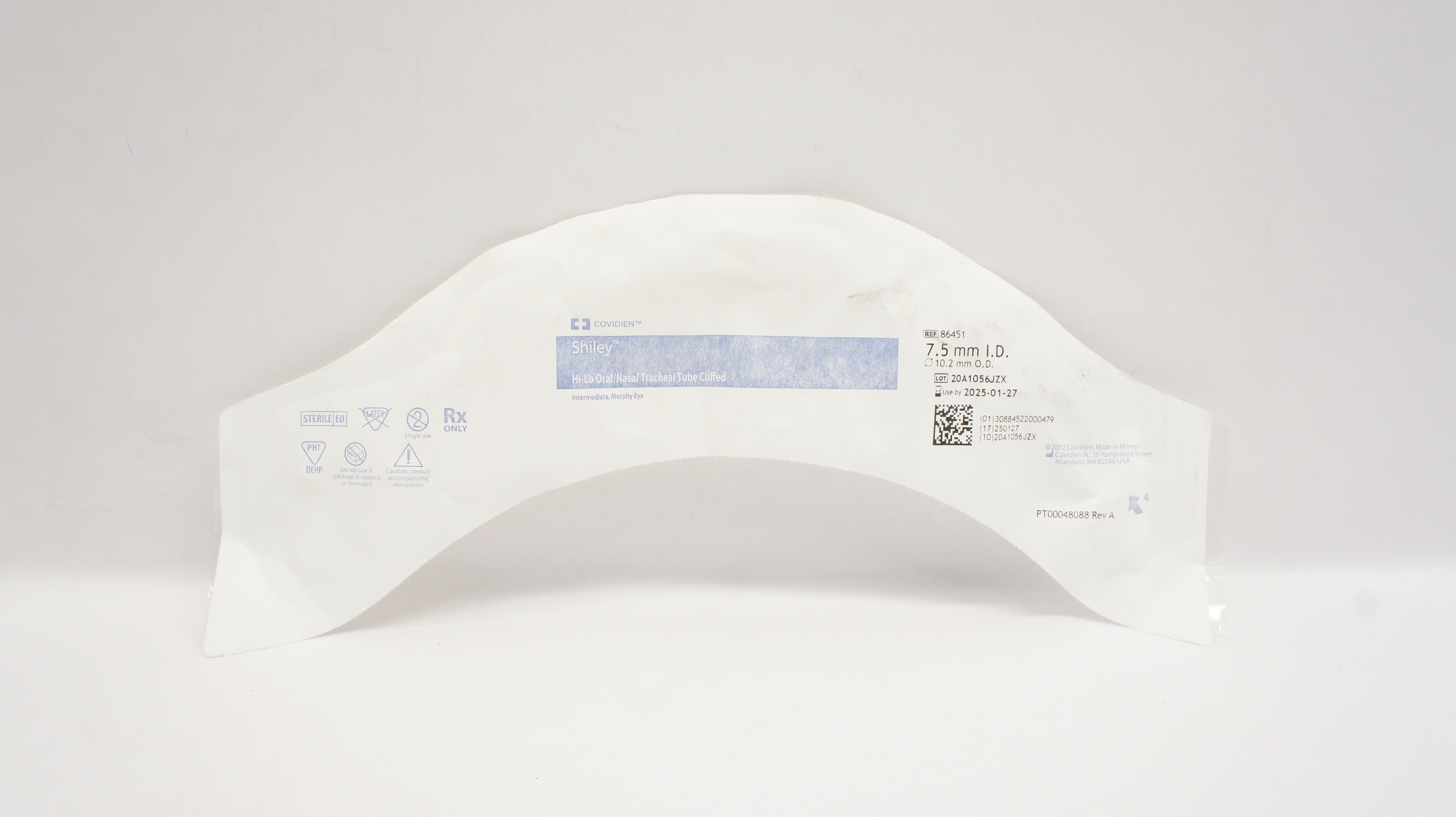 Covidien 86451 Shiley Hi-Lo Oral/Nasal Tracheal Tube Cuffed 7.5mm x 10.2mm