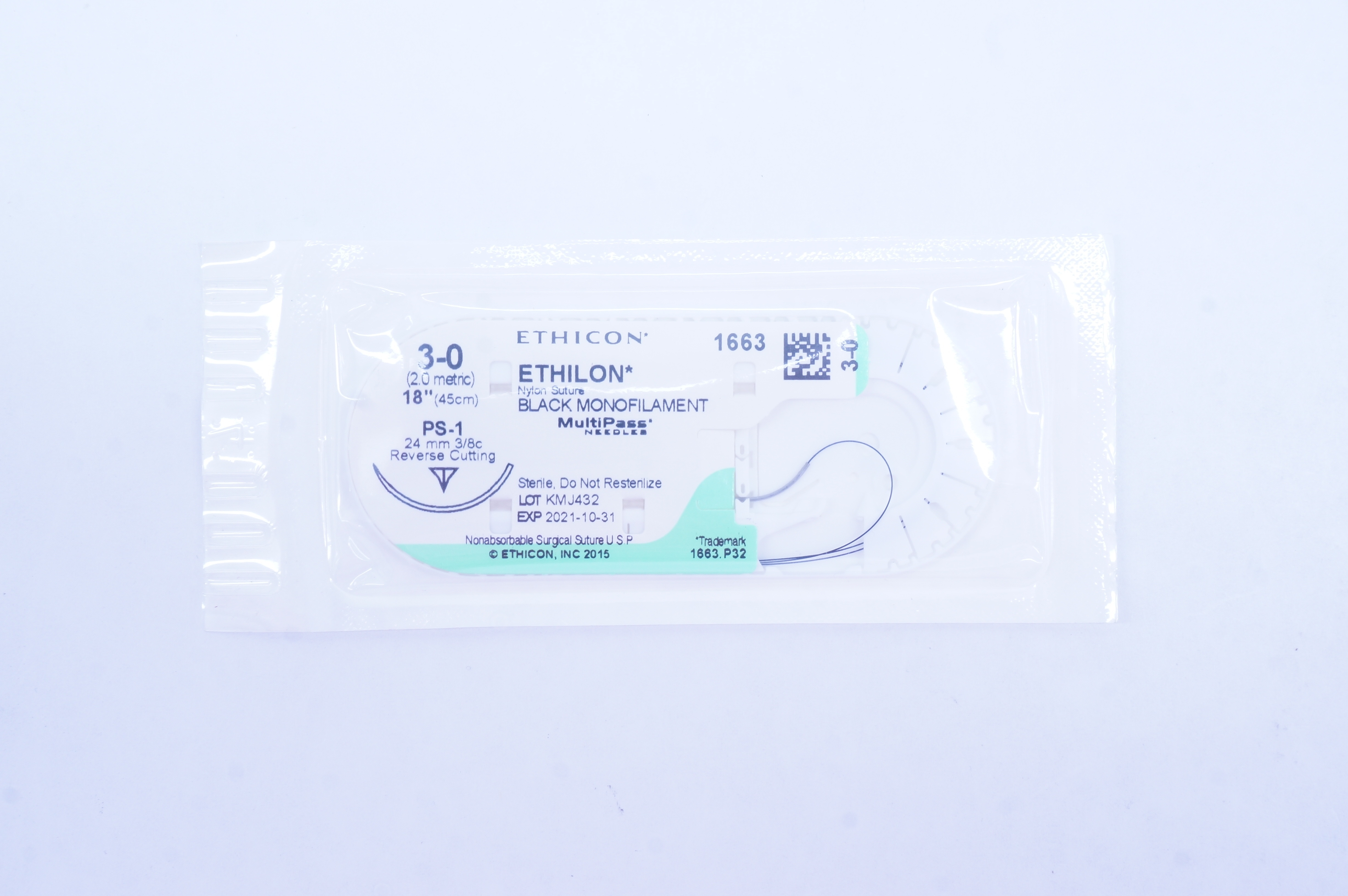 Ethicon 1663 3-0 Ethilon Nylon Stre PS-1 24 mm 3/8c Reverse Cutting 18 inch