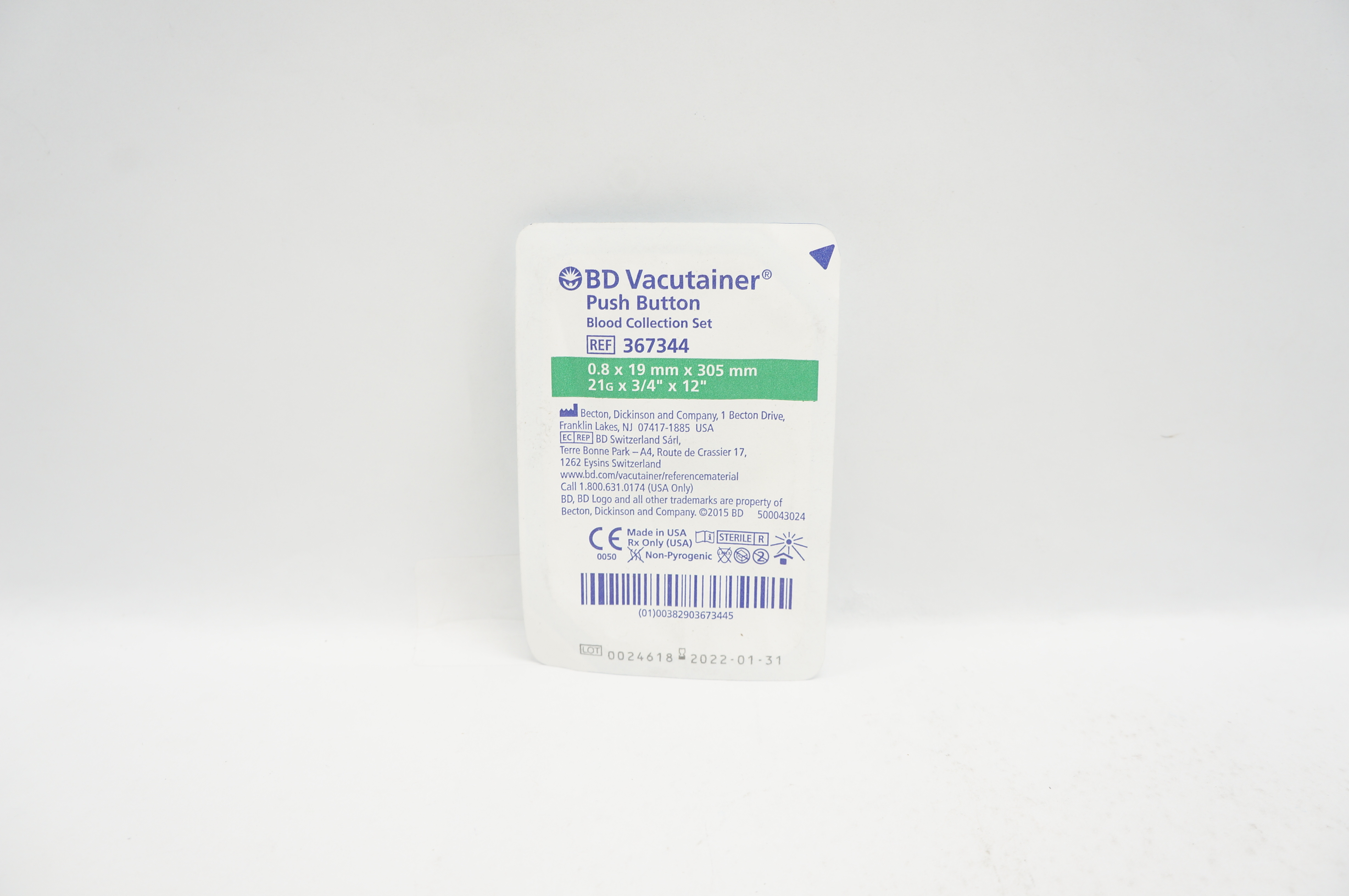 BD 367344 Vacutainer Push Button Blood Collection Set 21G x 3/4inch x 12inch