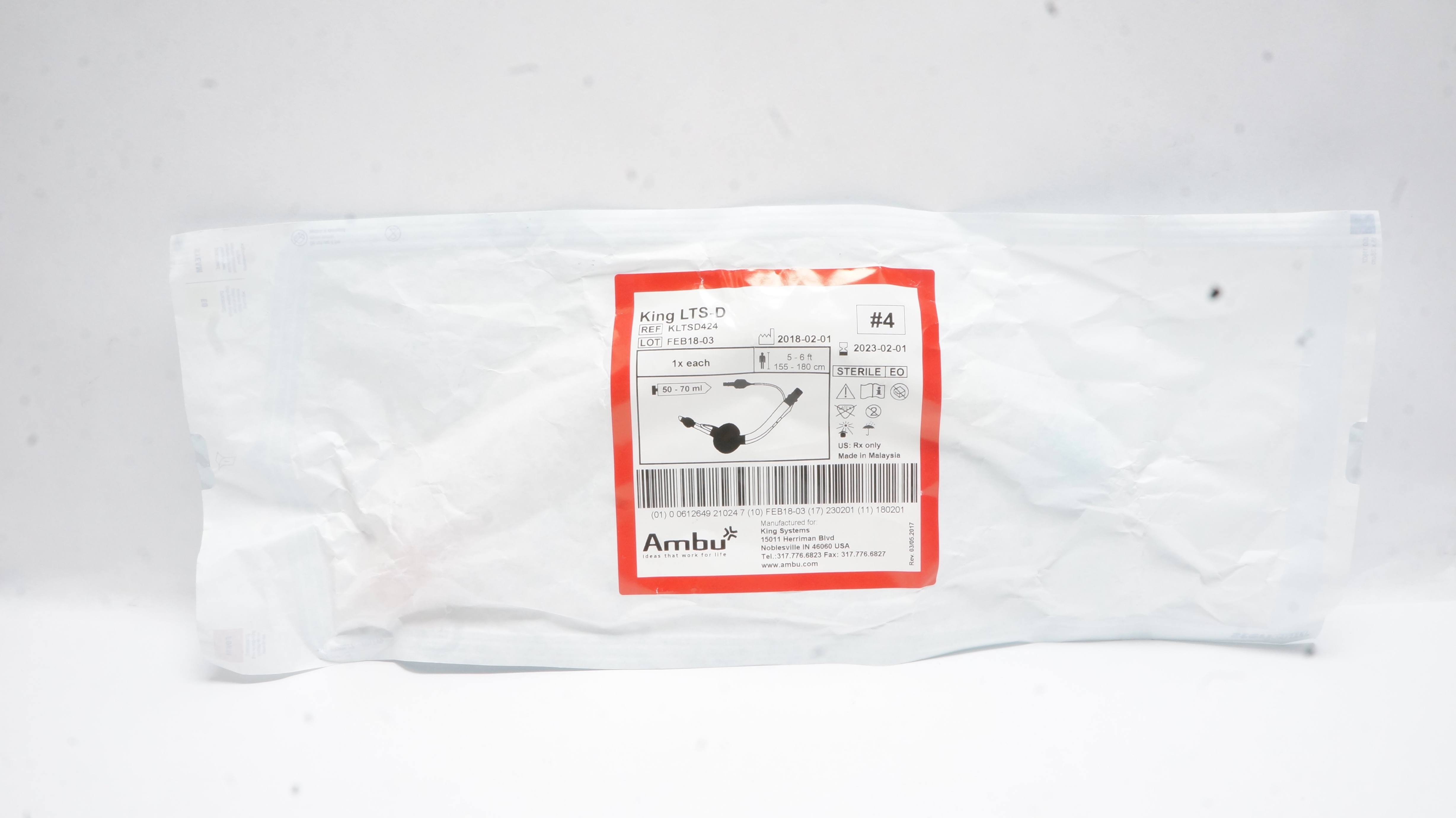 AMBU KLTSD424 King LTS-D Disposable Laryngeal Tube #4 5-6ft, 50-70ml (x)