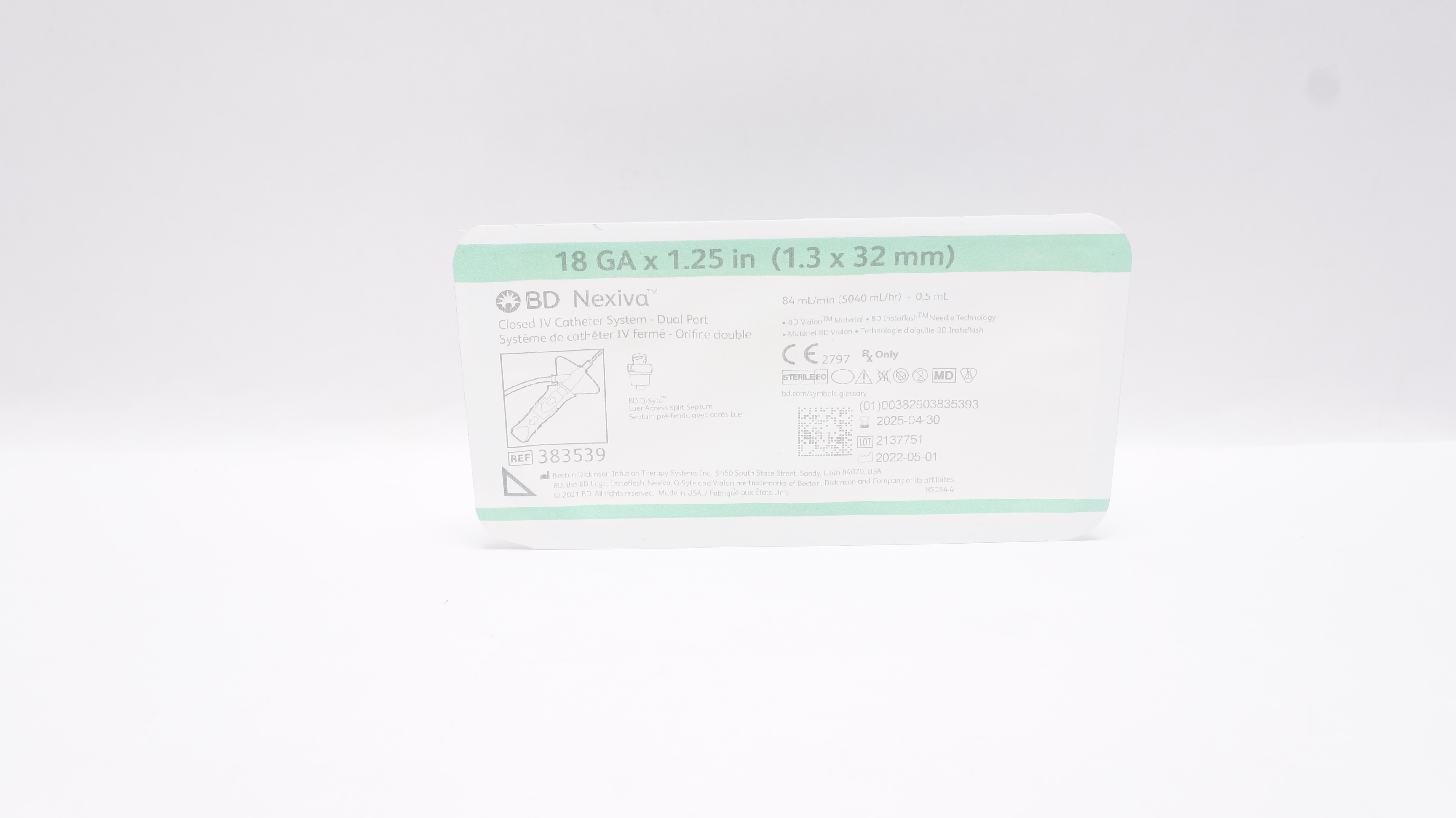 BD 383539 Nexiva Closed IV Cath. System - Dual Port 18Ga x 1.25inch 84mL/min