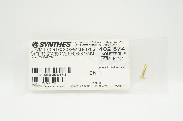 Synthes 402.874 2.7mm TI Cortex Screw SLF-TPNG with T8 Stardrive Recess 14mm
