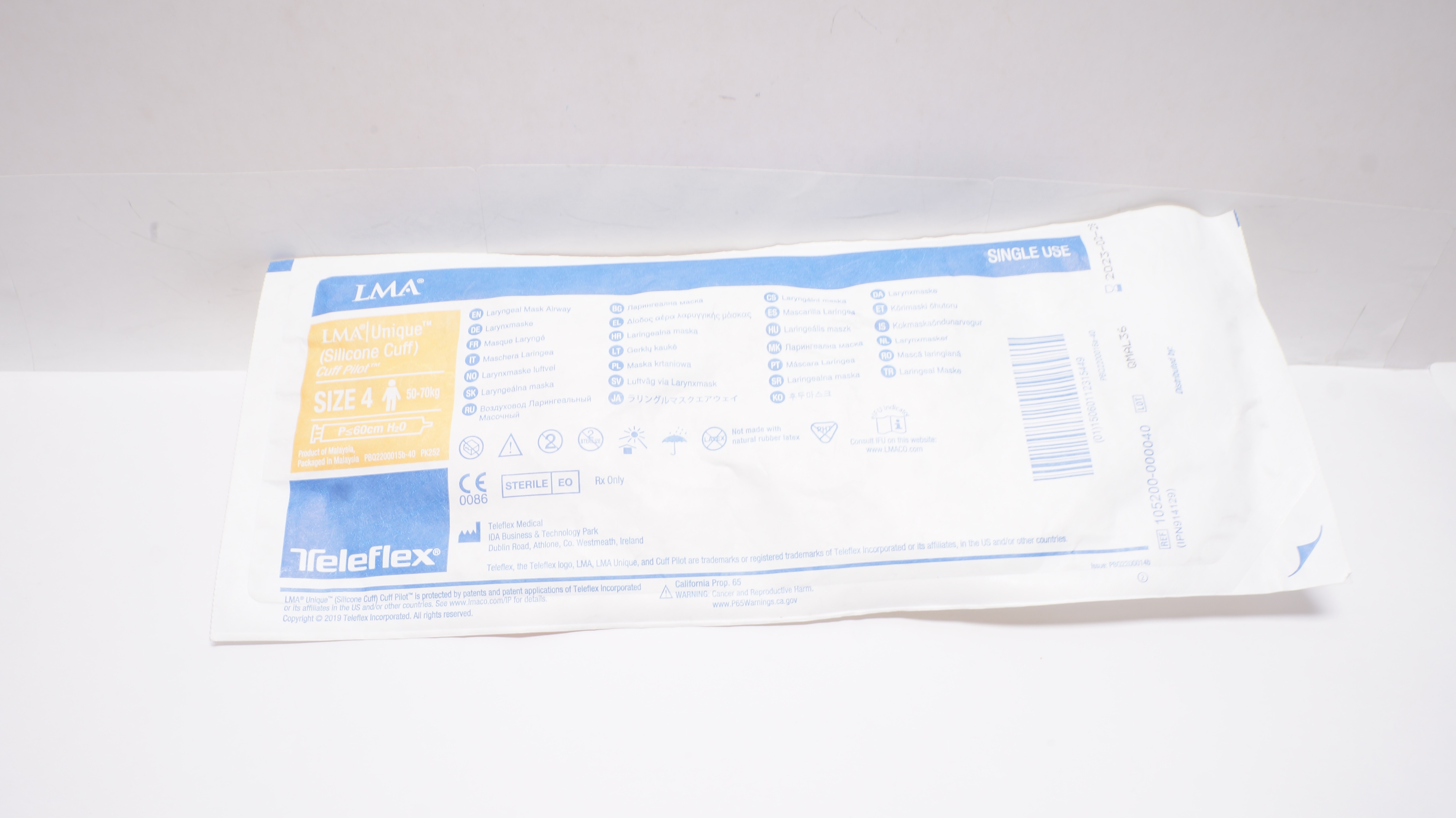 Teleflex 105200-000040 LMA Unique Laryngeal MaskAirway Size 4 50-70kg (x)