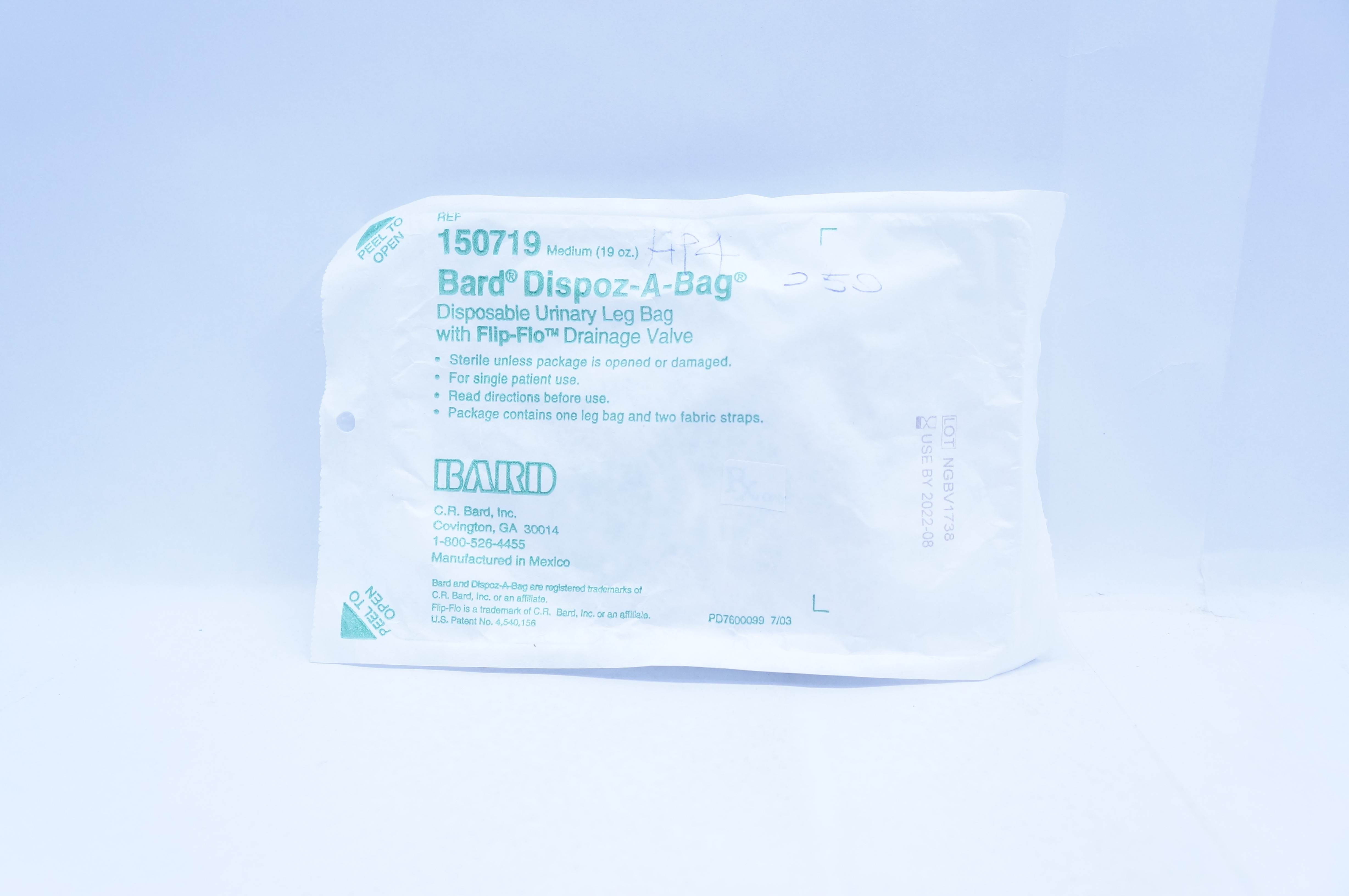 Bard 150719 Dispoz-A-Bag Disposable Urinary Leg Bag, Medium 19oz.