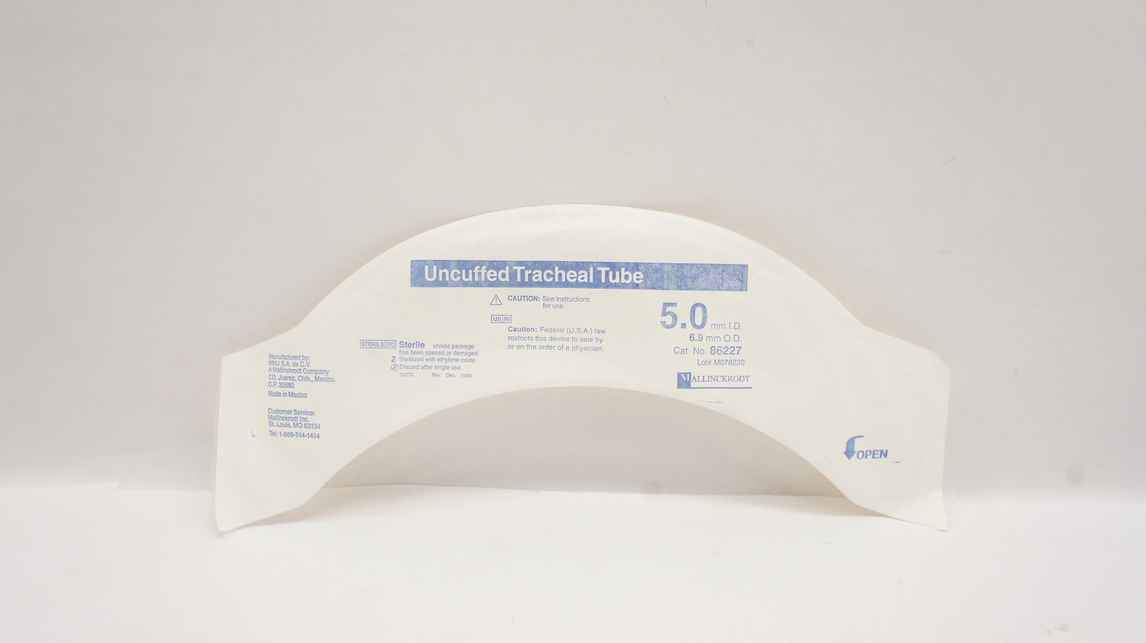 Mallinckrodt 86227 Uncuffed Tracheal Tube 5.0mm ID x 6.9mm OD