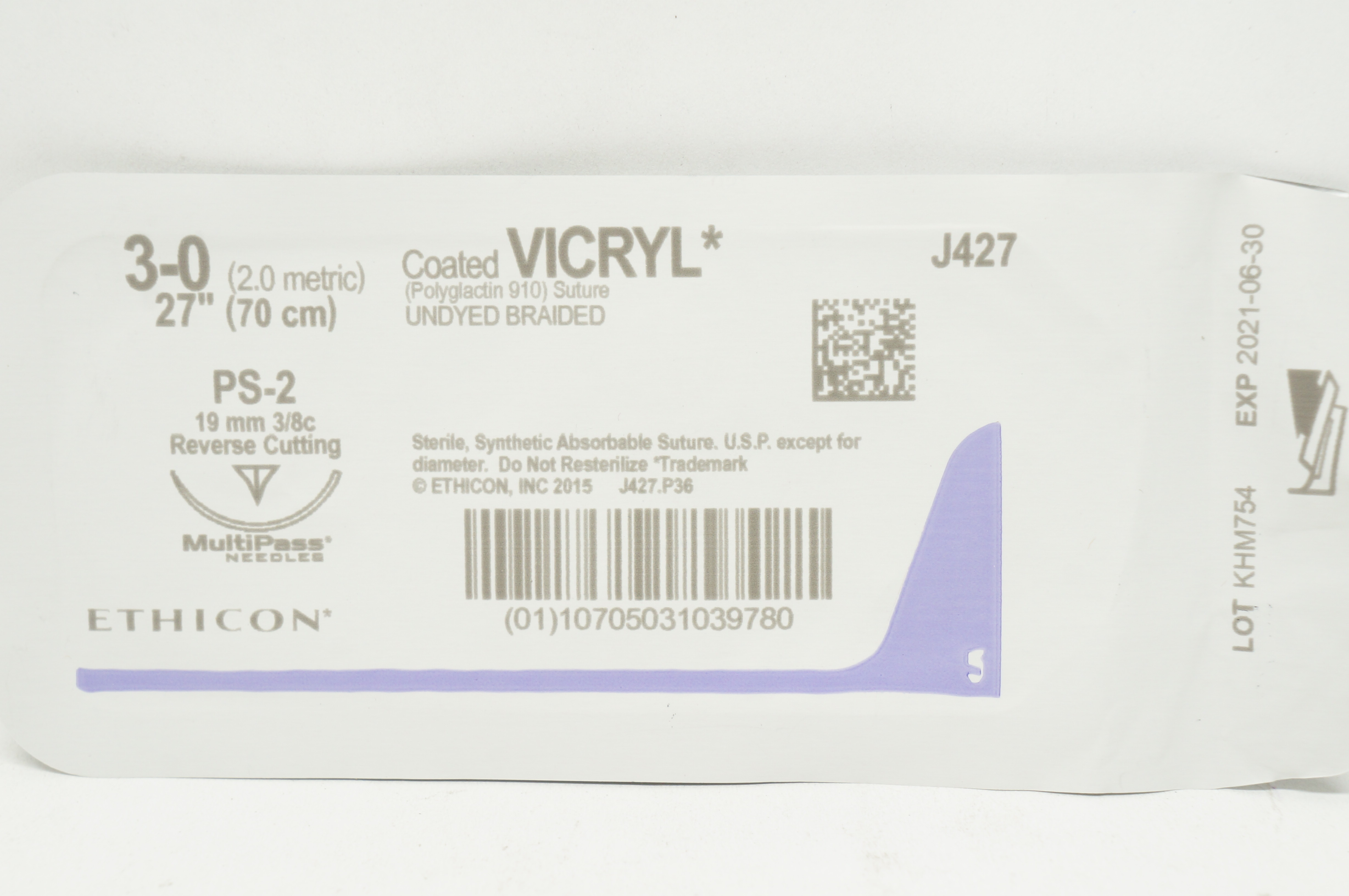 Ethicon J427 3-0 Coated Vicryl Stre PS-2 19mm 3/8c Reverse Cutting, 27inch (x)