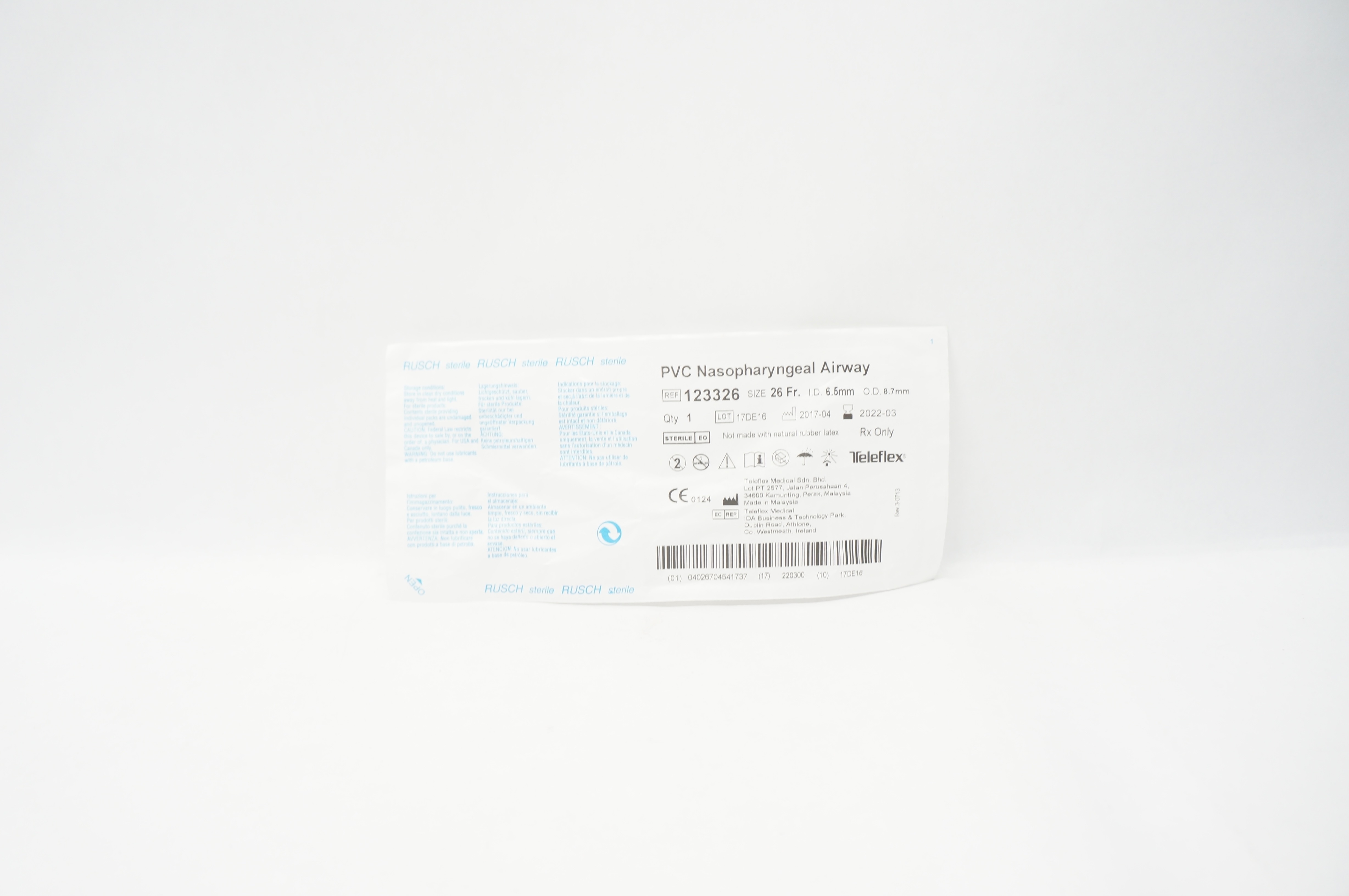Teleflex 123326 Rusch PVC Nasopharyngeal Airway 26Fr x 6.5mm ID x 8.7mm OD (x)