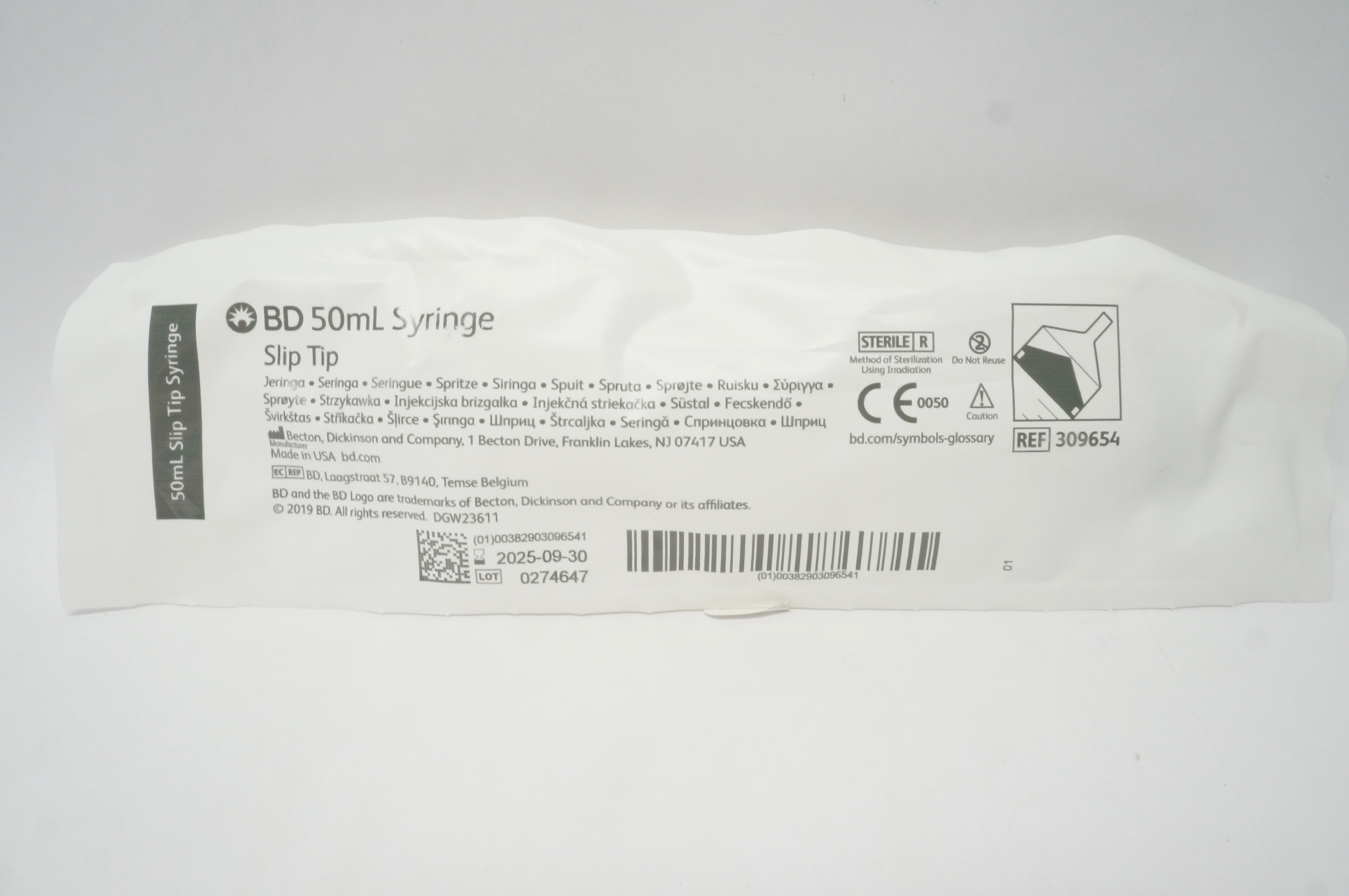 BD 309654 Slip Tip Syringe 50mL