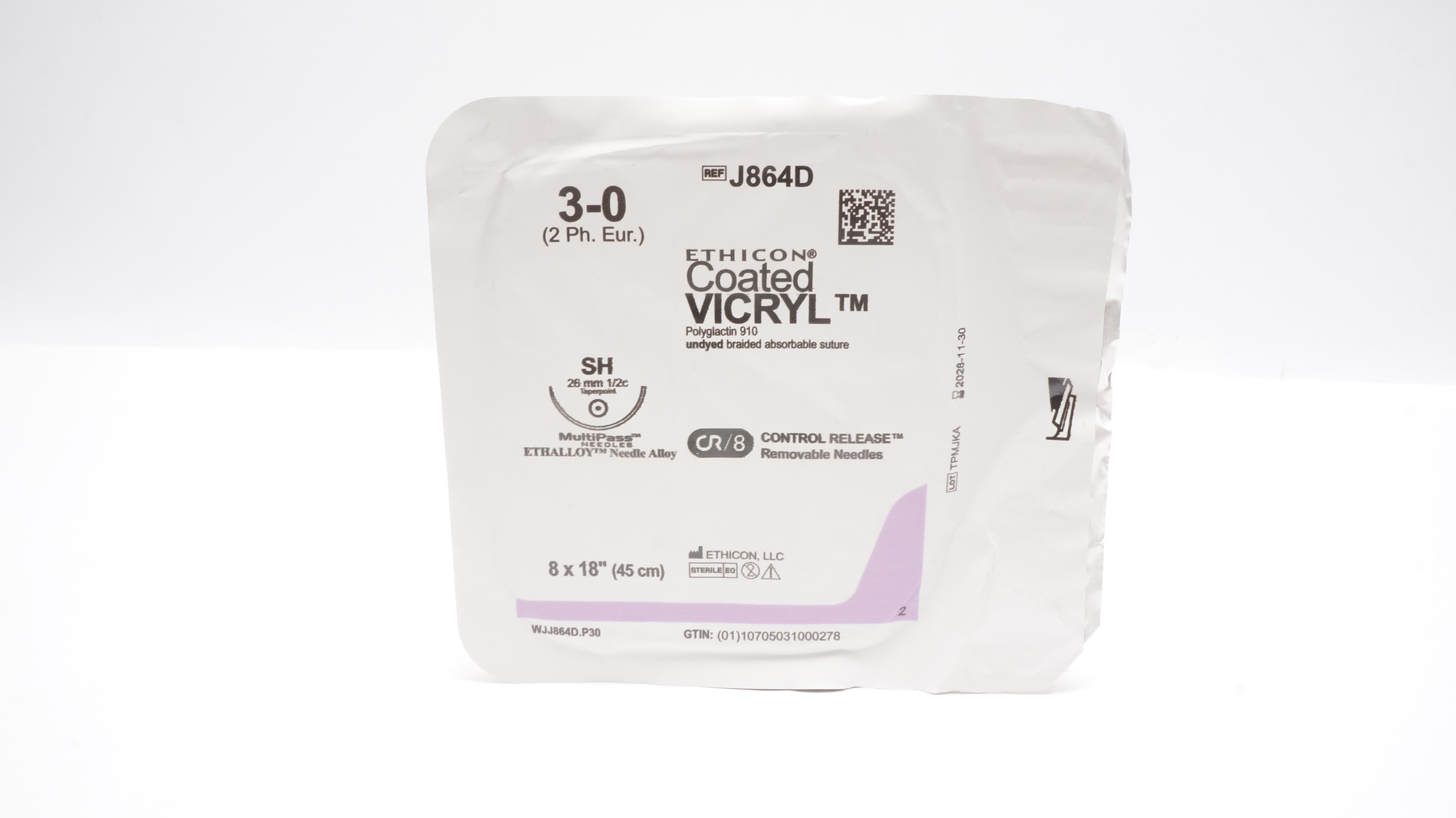 Ethicon J864D 3-0 Coated VICRYL Braided Stre SH 26mm 1/2c Taperpoint 18inch