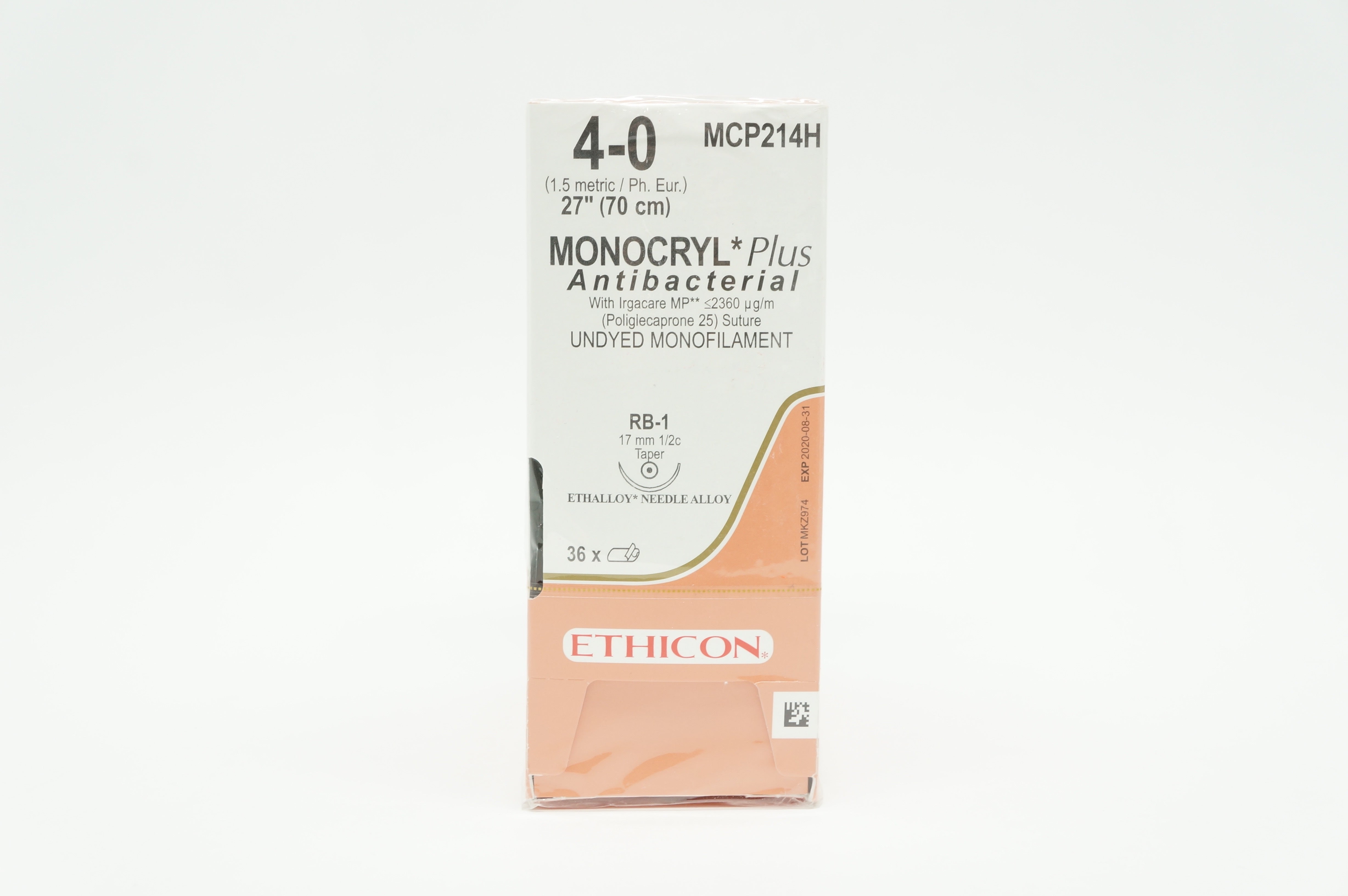 Ethicon MCP214H 4-0 Monocryl Plus RB-1 17mm 1/2c Taper 27inch (x) - Box of 36