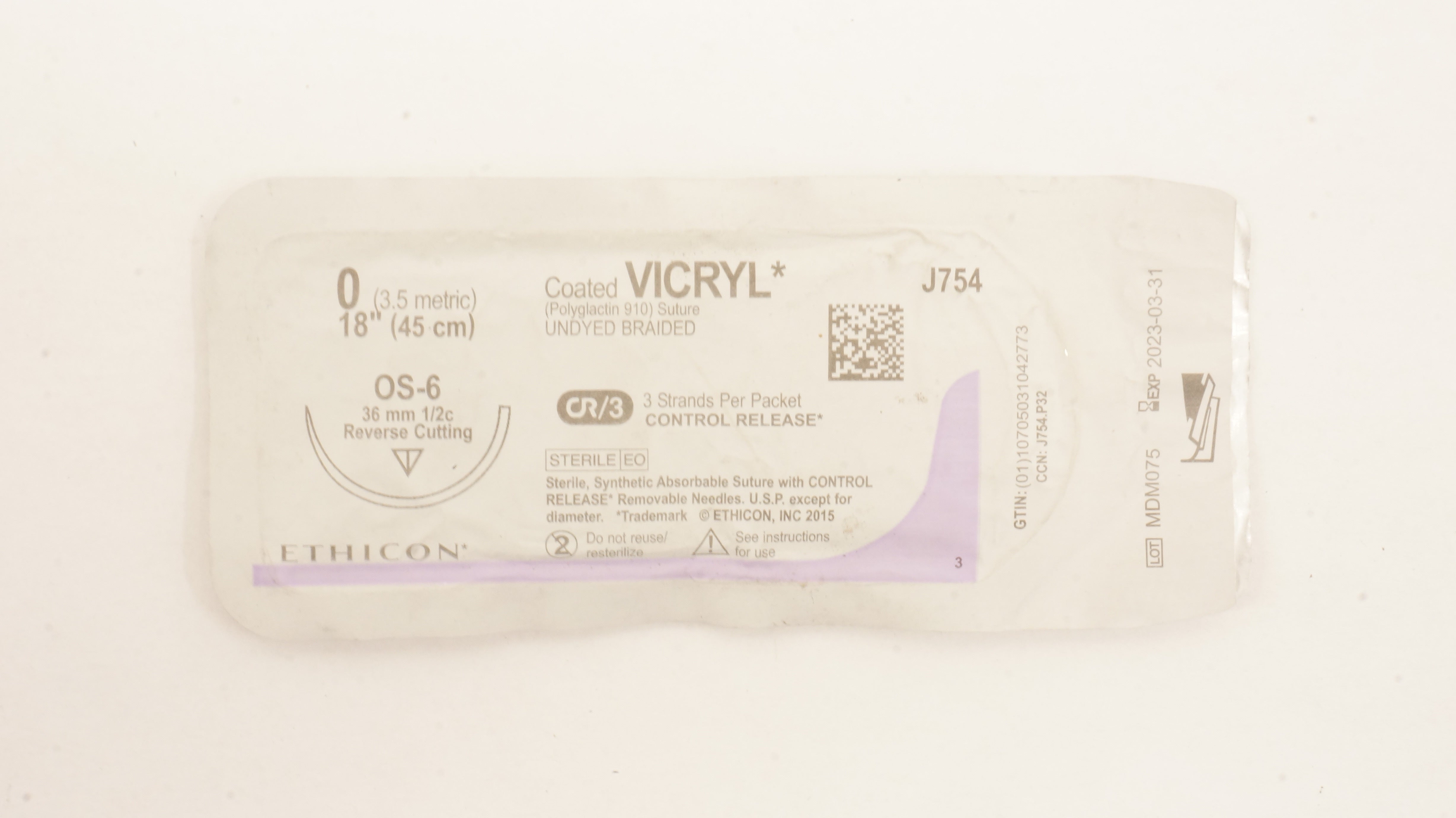 Ethicon J754 0 Coated VICRYL Stre, OS-6 36mm 1/2c Reverse Cutting, 18inch
