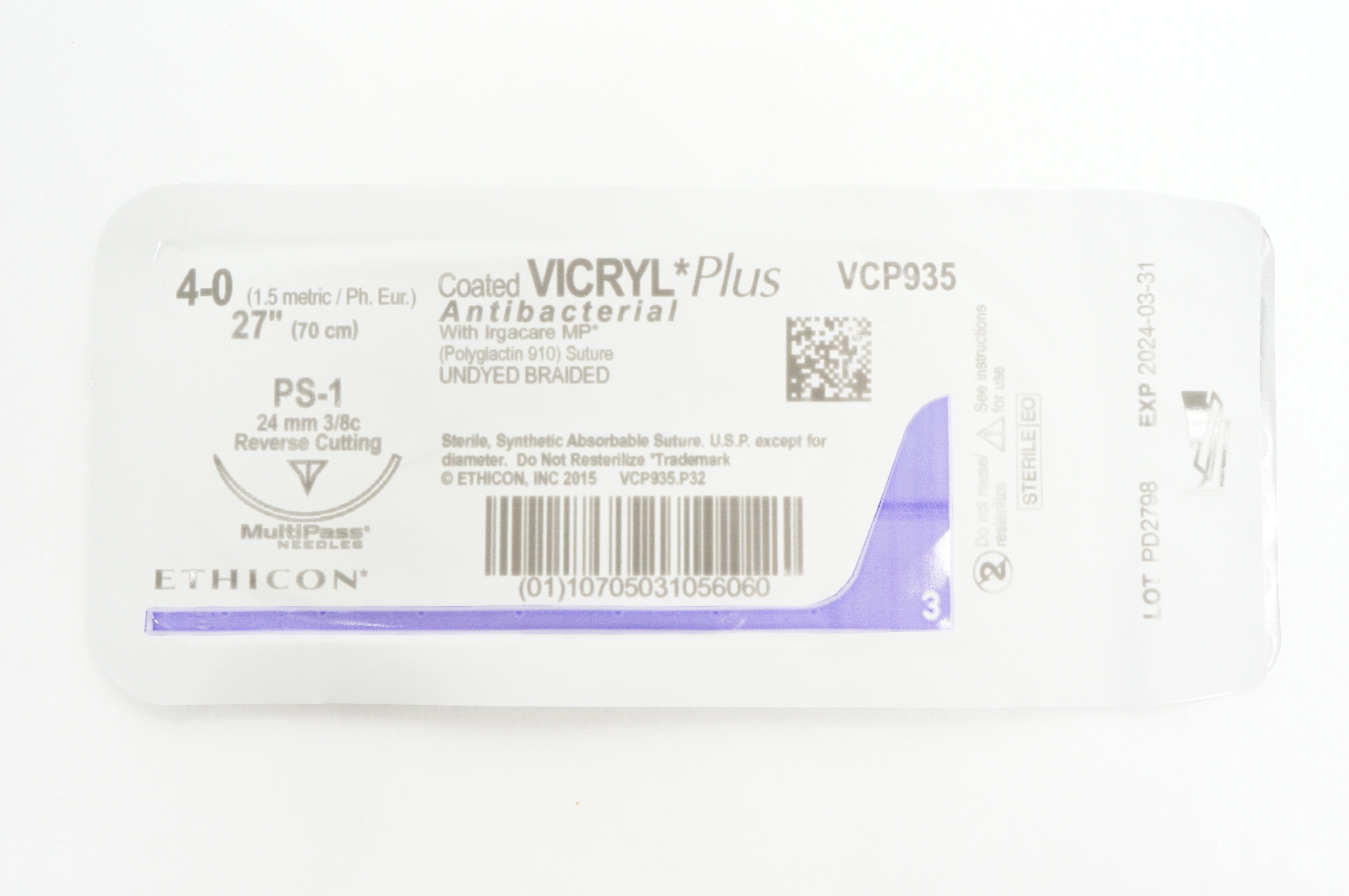 Ethicon VCP935 4-0 Vicryl Plus Stre PS-1 24mm 3/8c Reverse Cutting 27in