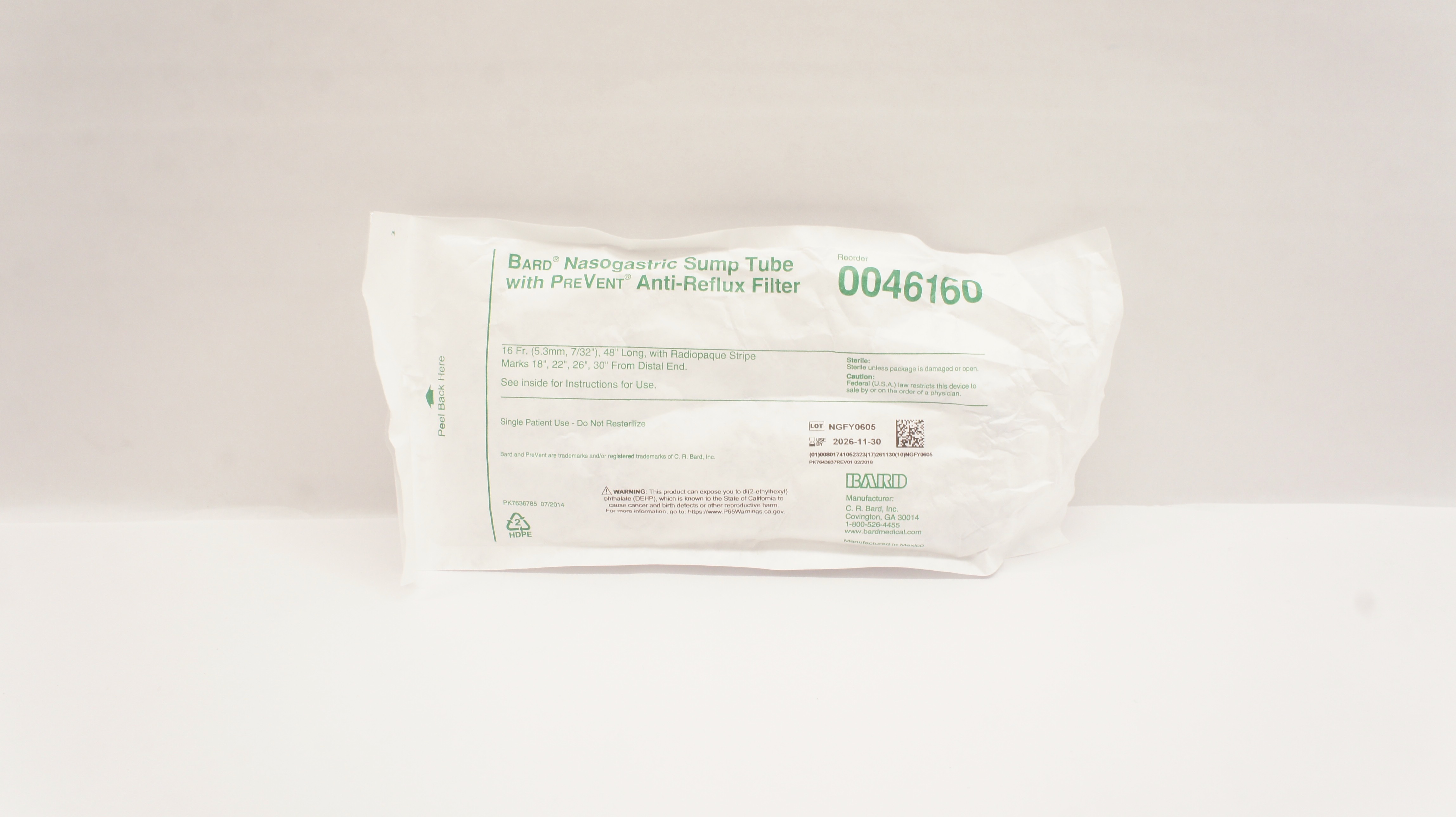 Bard 0046160 Nasogastric Sump Tube w/PreVent Anti-Reflux Filter 16Fr. x 48inch