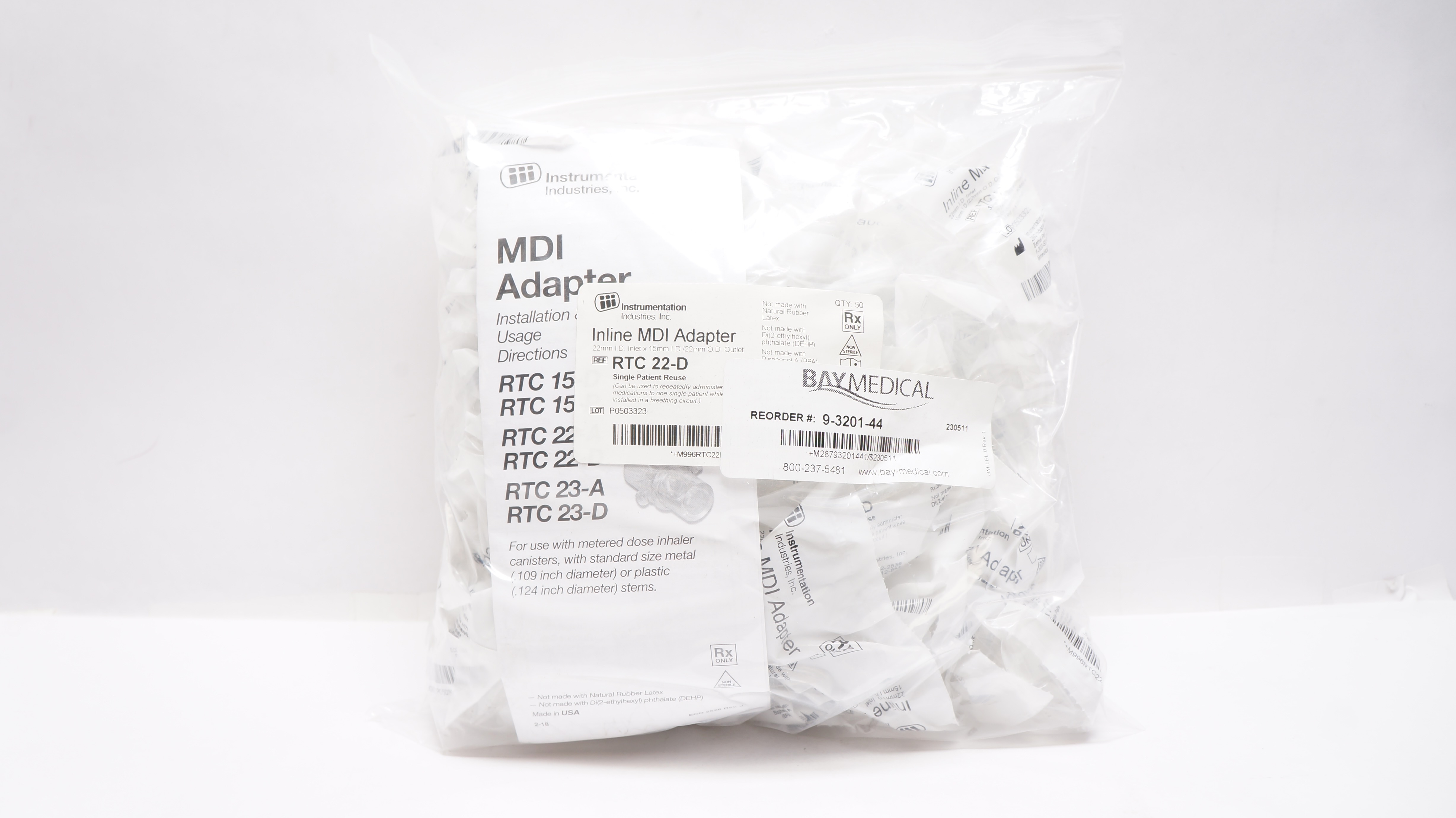 Instrumentation Industries RTC 22-D Inline MDI Adapter 22 x 15/22mm - Pack of 50