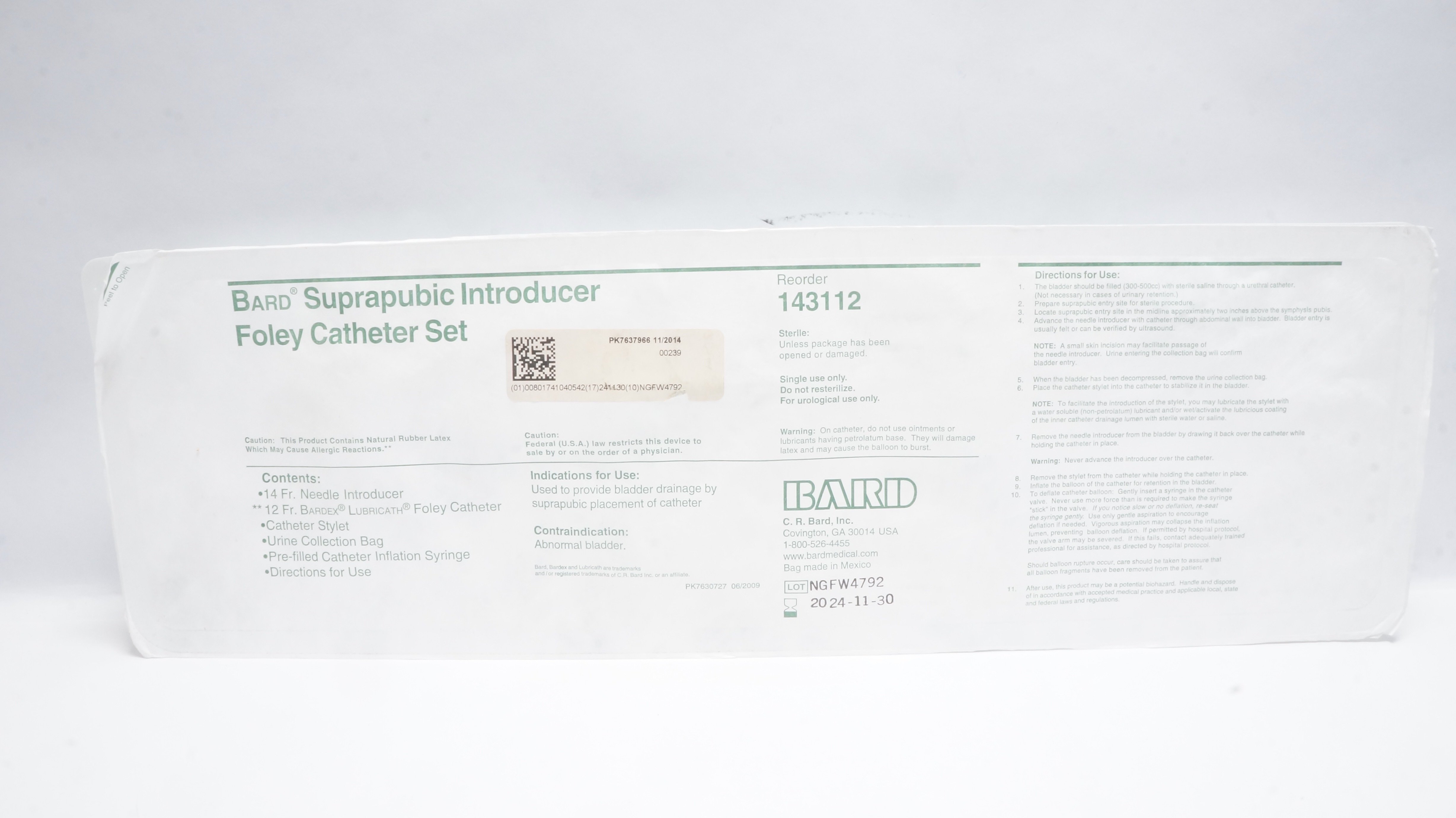 Bard 143112 Suprapubic Introducer Foley Cath. Set 14 Fr 12 Fr (x)