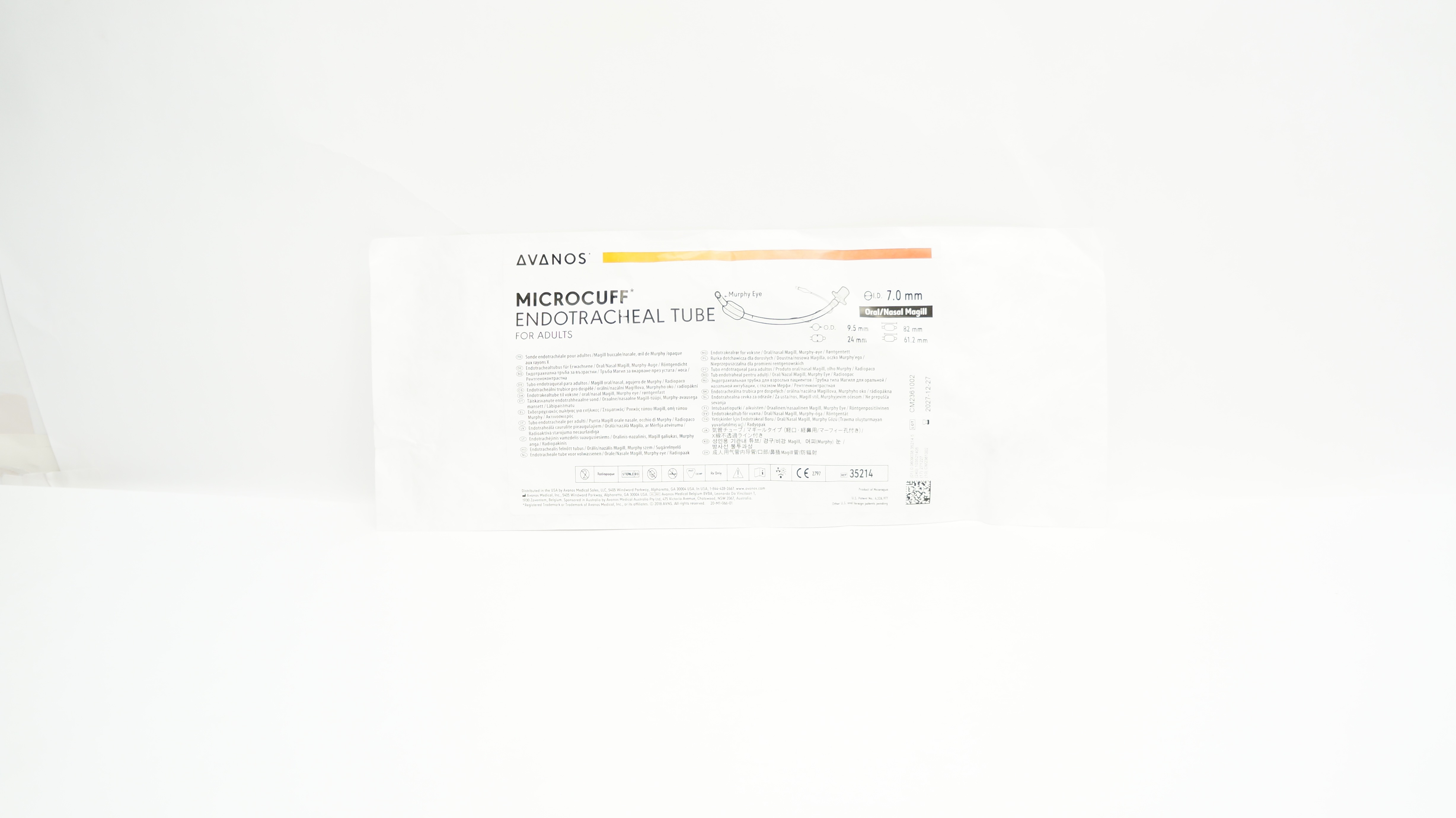 Avanos 35214 Microcuff Endotracheal Tube For Adults 7.0 x 9.5 x 24 x 82 x 61.2mm