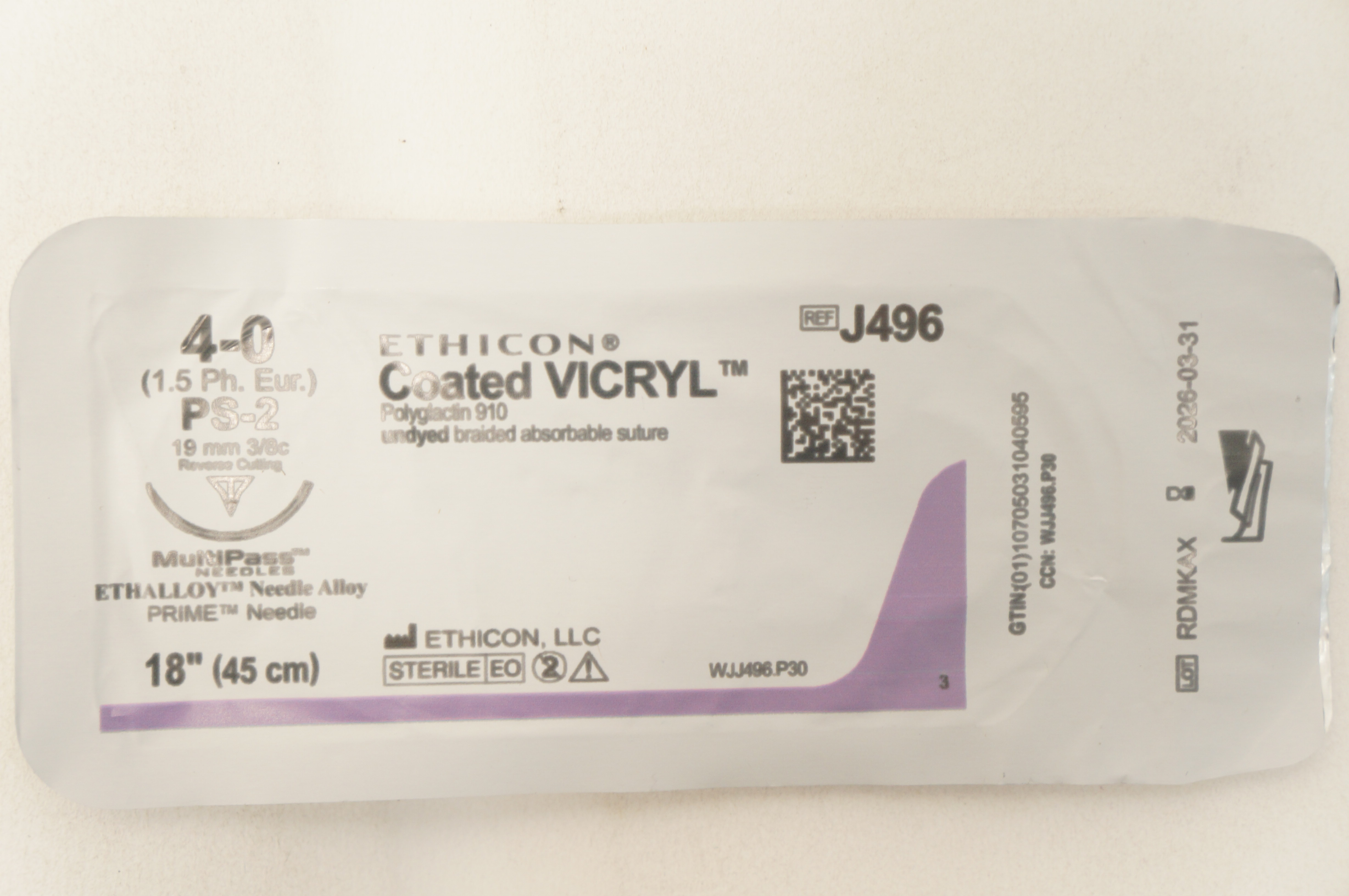 Ethicon J496 4-0 Coated VICRYL Stre PS-2 19mm 3/8c Reverse Cutting 18inch