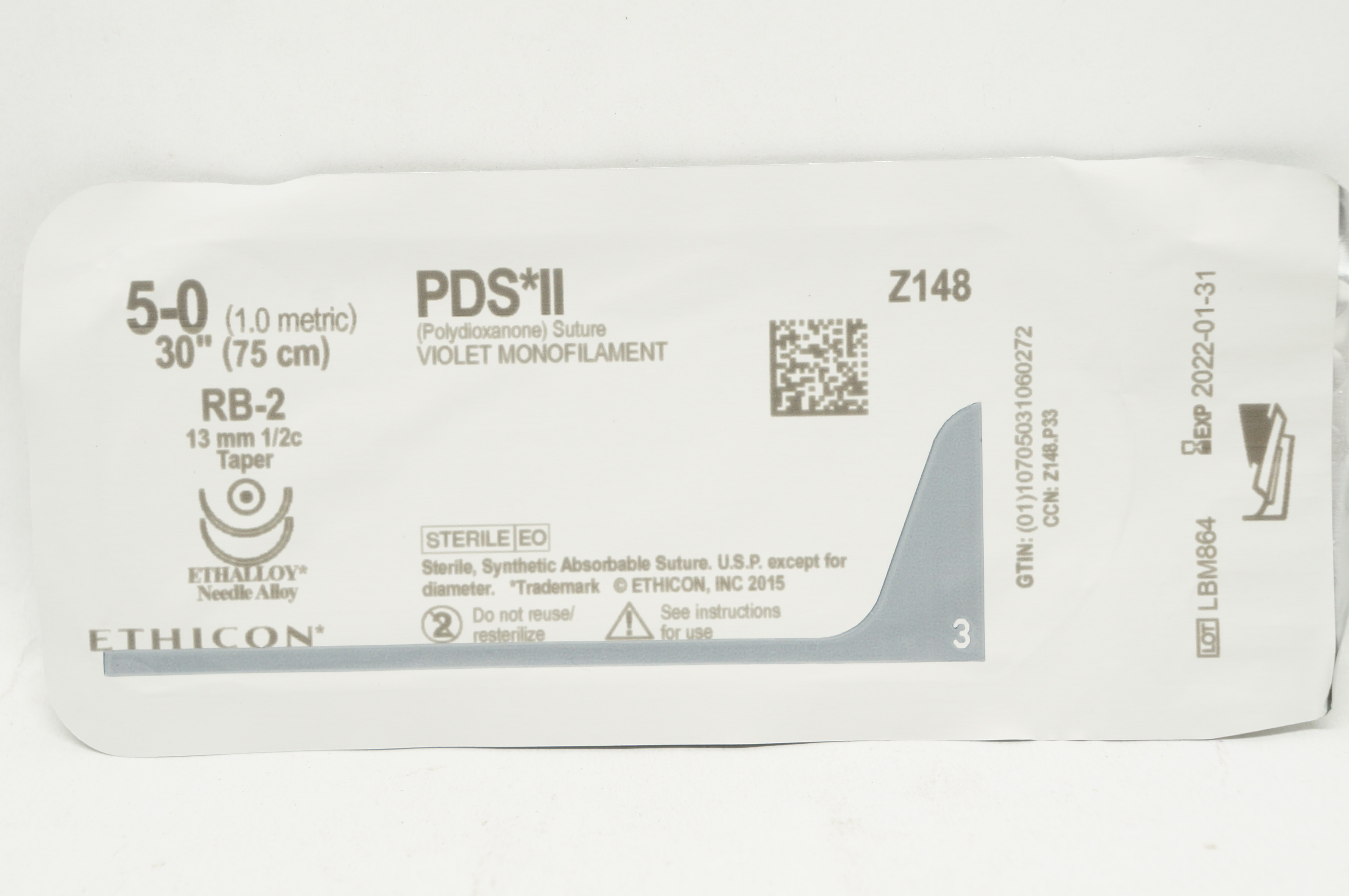 Ethicon Z148 5-0 PDS II (Polydioxanone) Stre RB-2 13mm 1/2c Taper 30 inch